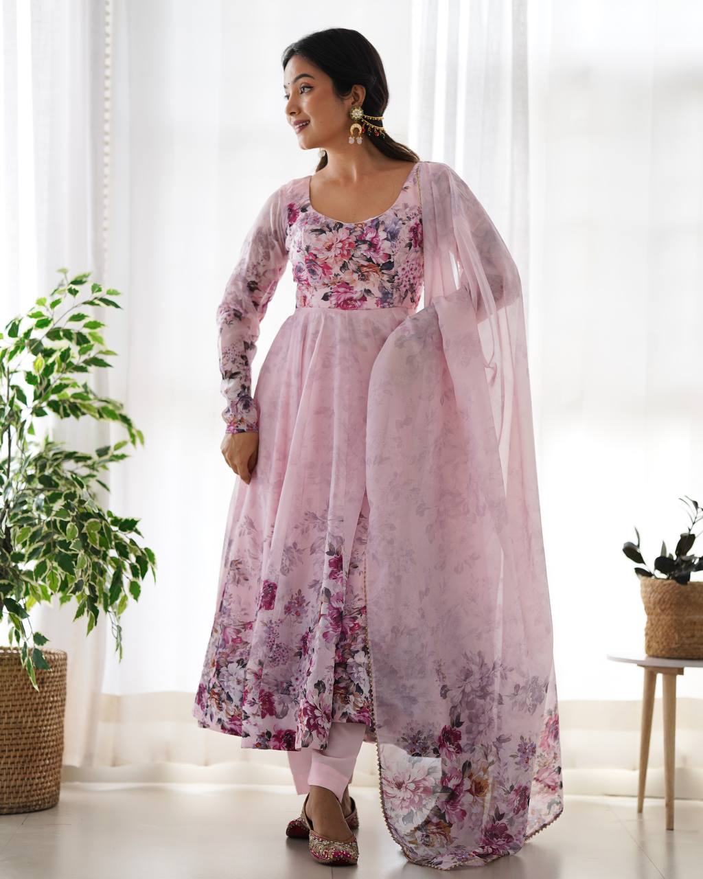 Women's Soft Organza Silk Printed Anarkali Pant Dupatta Set with Kali Pattern