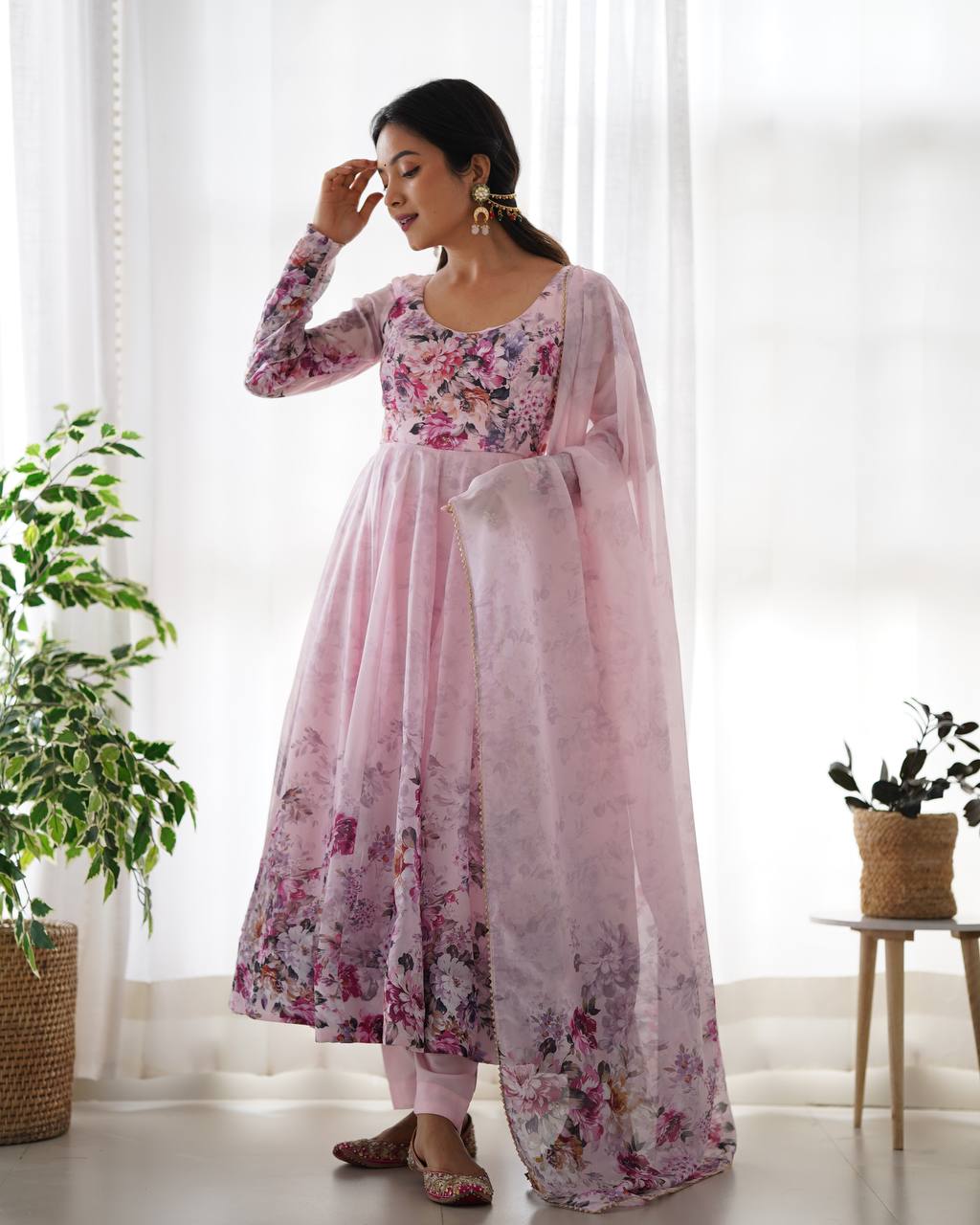 Women's Soft Organza Silk Printed Anarkali Pant Dupatta Set with Kali Pattern