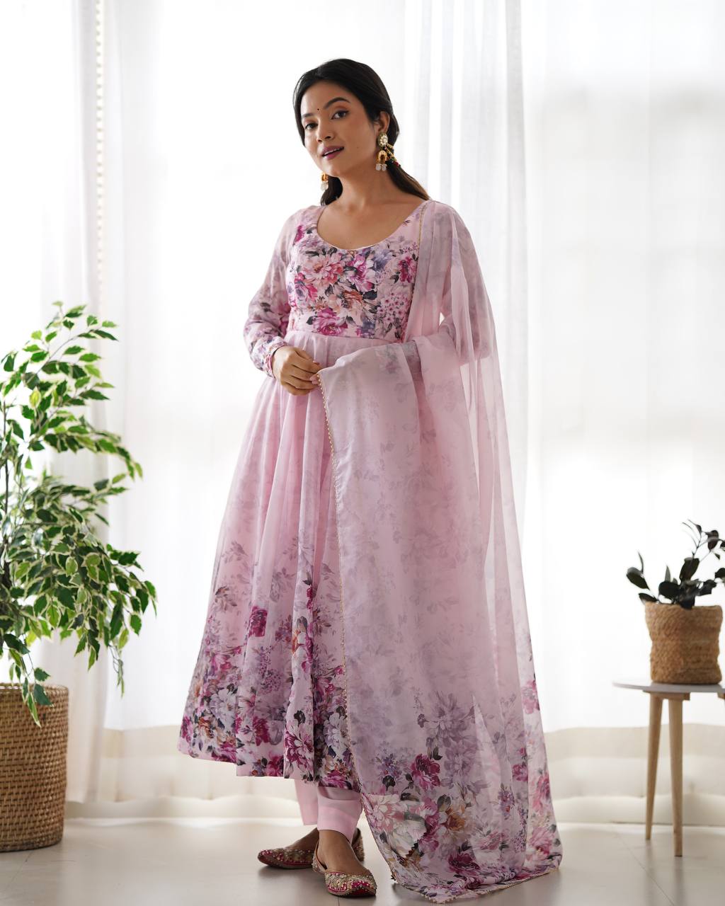 Women's Soft Organza Silk Printed Anarkali Pant Dupatta Set with Kali Pattern