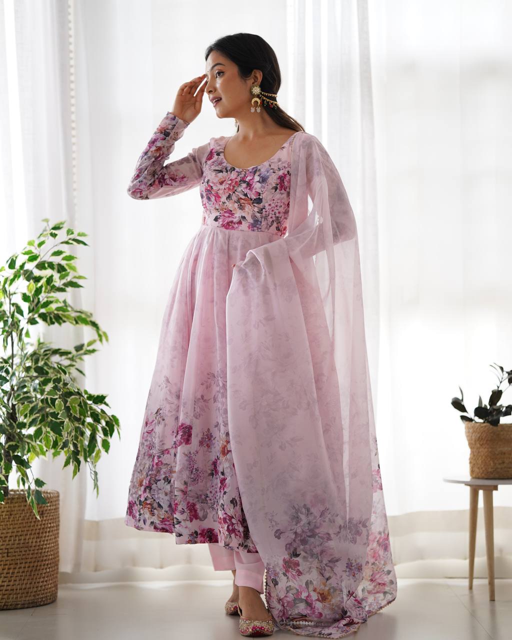 Women's Soft Organza Silk Printed Anarkali Pant Dupatta Set with Kali Pattern