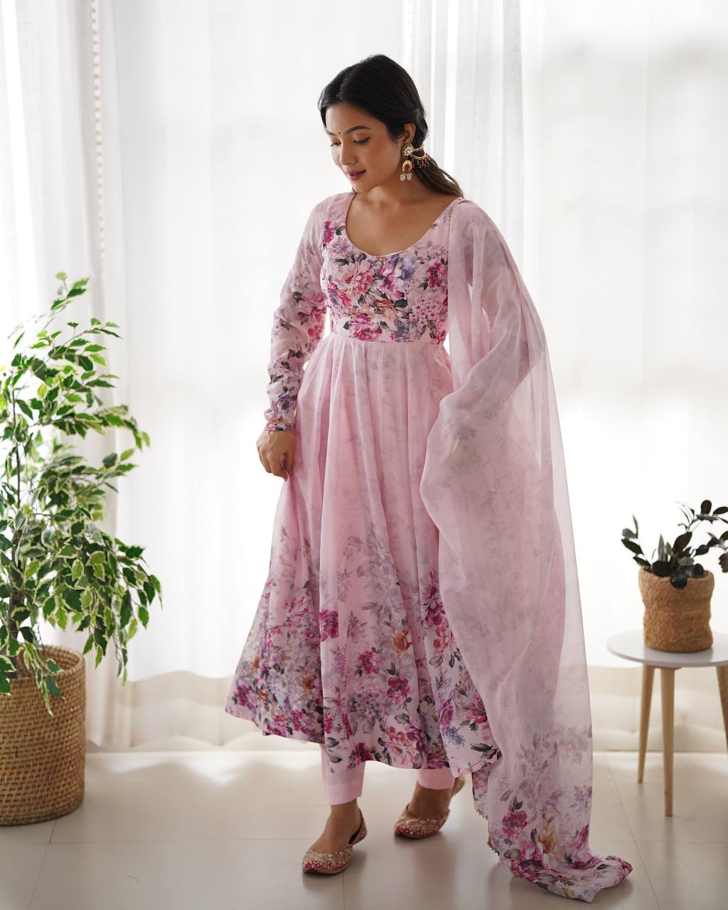 Women's Soft Organza Silk Printed Anarkali Pant Dupatta Set with Kali Pattern