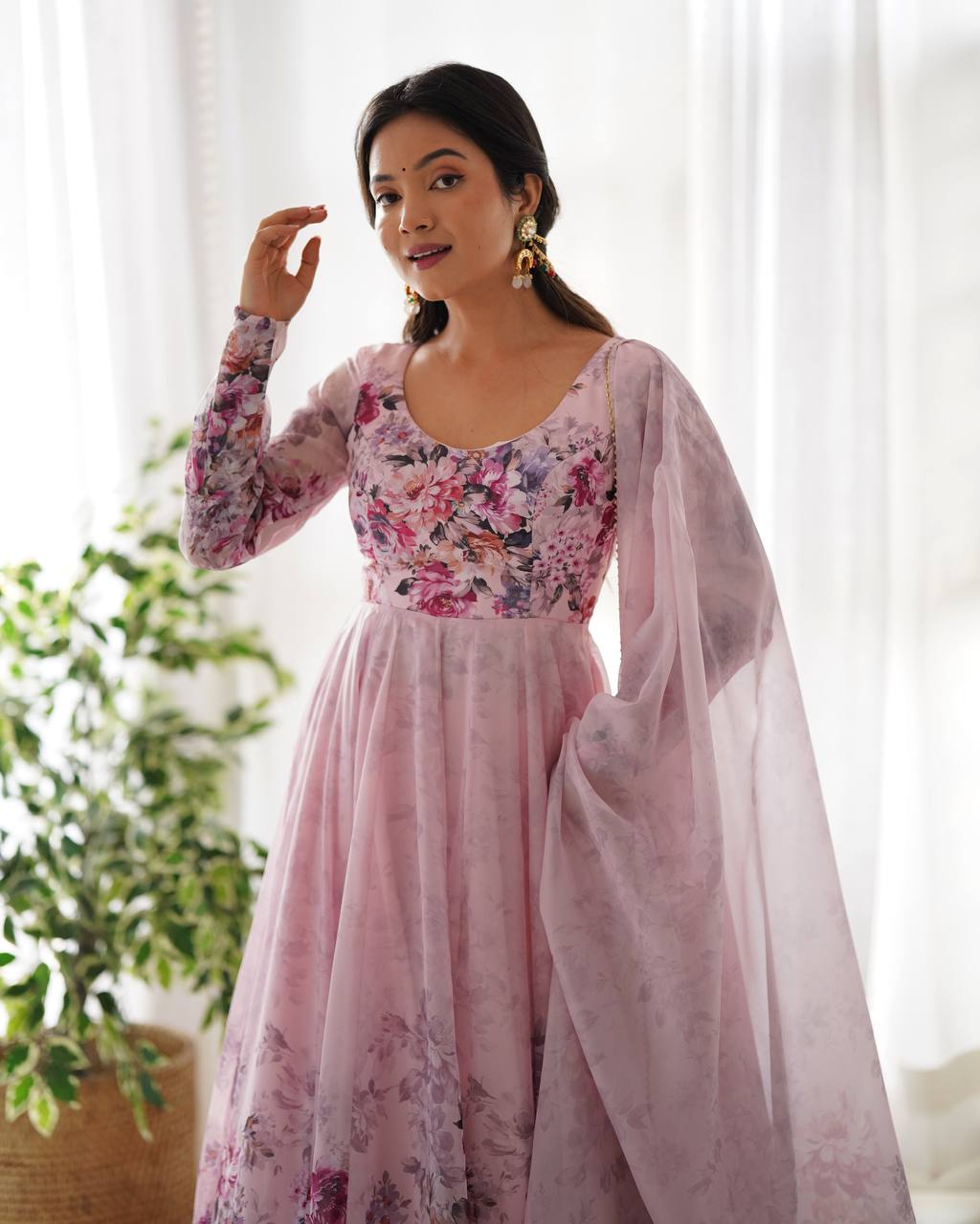 Women's Soft Organza Silk Printed Anarkali Pant Dupatta Set with Kali Pattern