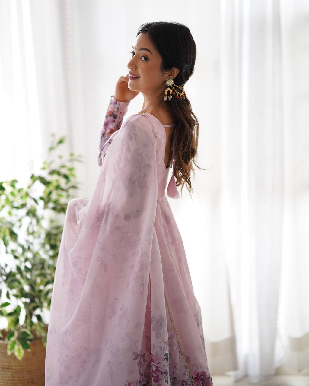Women's Soft Organza Silk Printed Anarkali Pant Dupatta Set with Kali Pattern