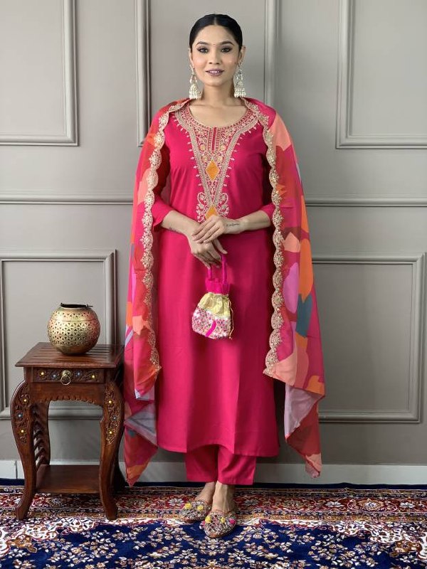 Women's Embroidered Viscose Chanderi Kurta Pant Set with Chinon Dupatta