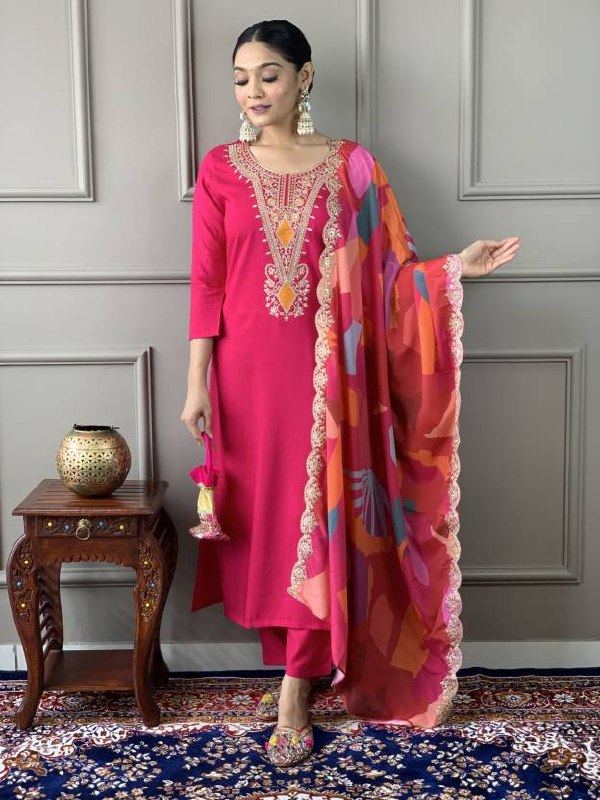 Women's Embroidered Viscose Chanderi Kurta Pant Set with Chinon Dupatta
