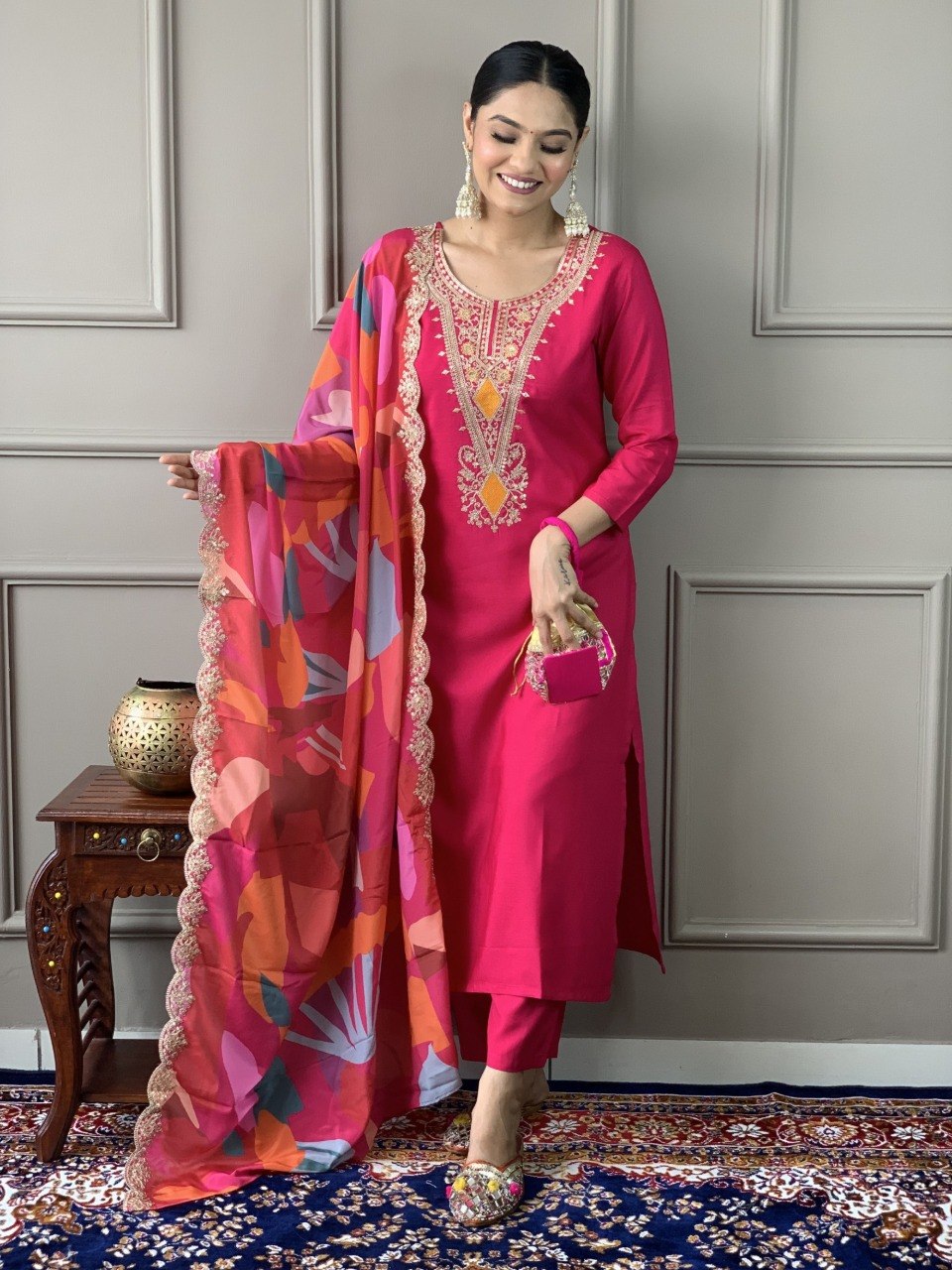 Women's Embroidered Viscose Chanderi Kurta Pant Set with Chinon Dupatta