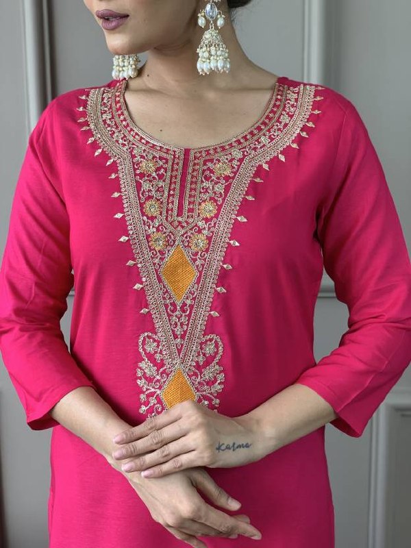 Women's Embroidered Viscose Chanderi Kurta Pant Set with Chinon Dupatta