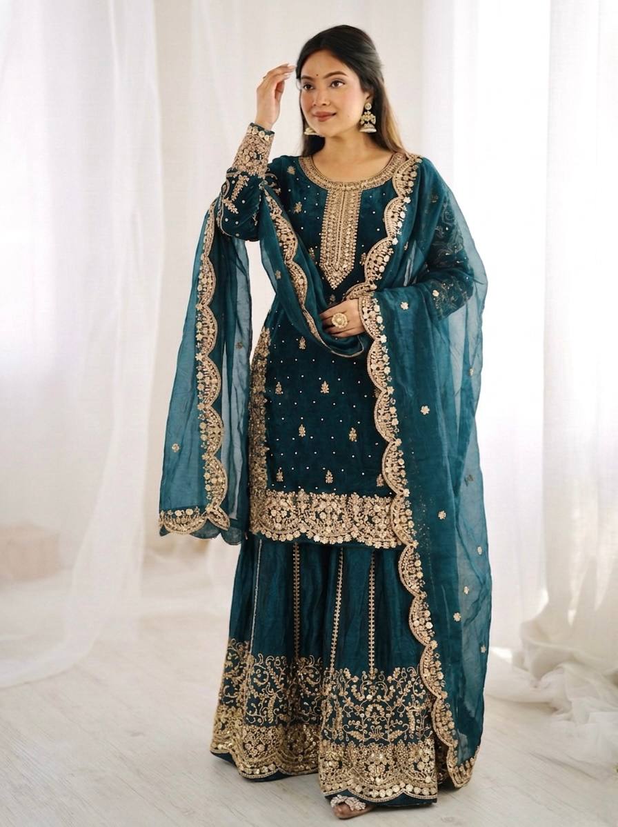 Women's Fendy Silk Embroidered Palazzo Suit Set with Lace Border Dupatta