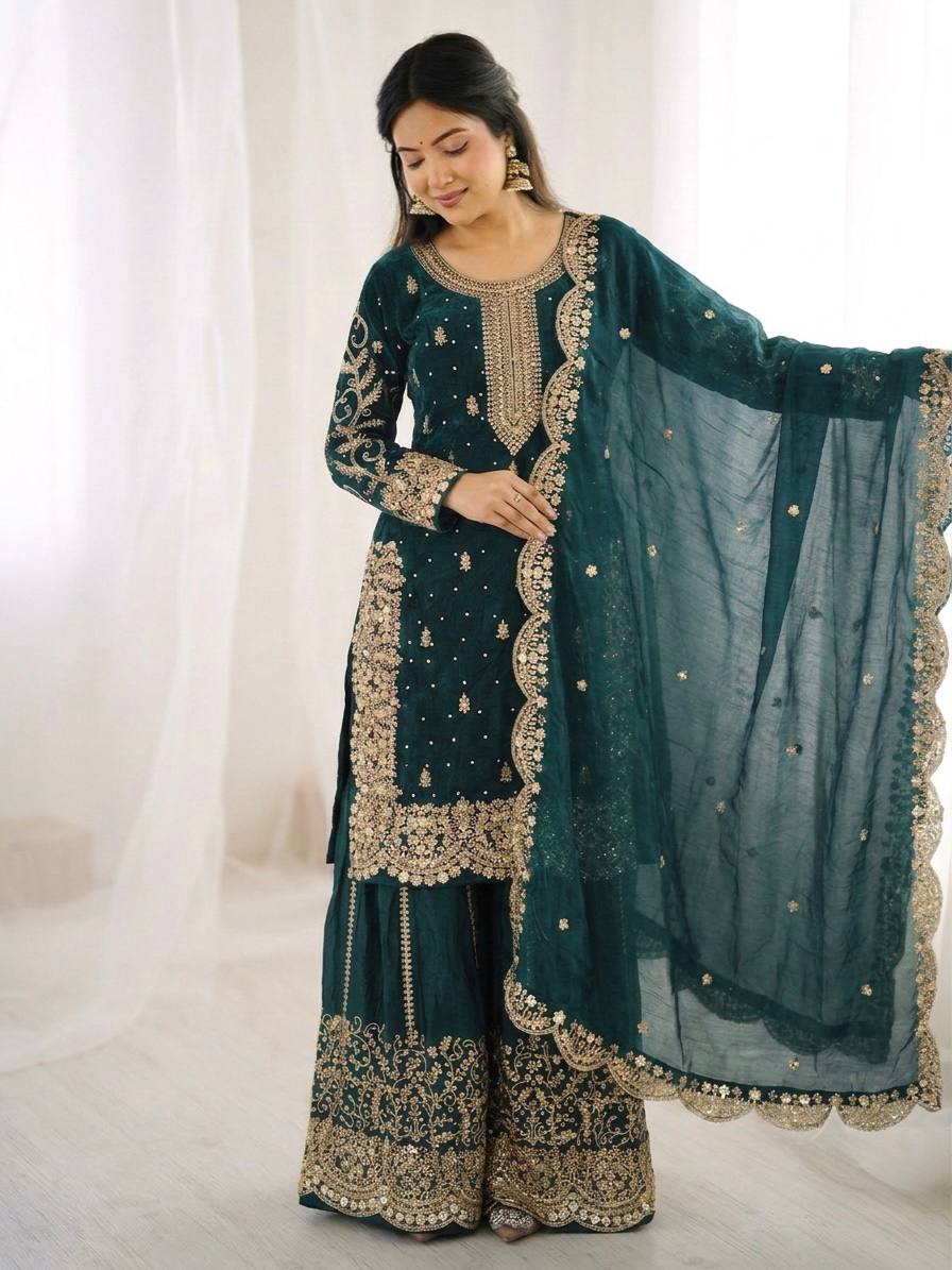 Women's Fendy Silk Embroidered Palazzo Suit Set with Lace Border Dupatta