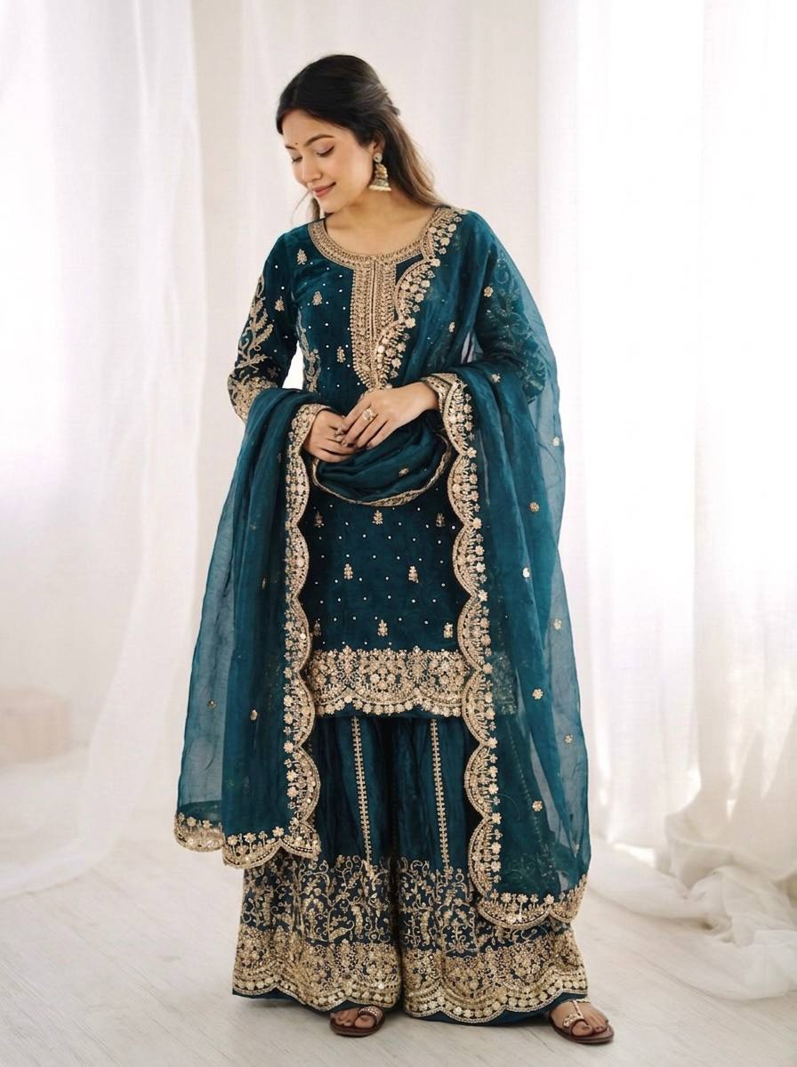 Women's Fendy Silk Embroidered Palazzo Suit Set with Lace Border Dupatta