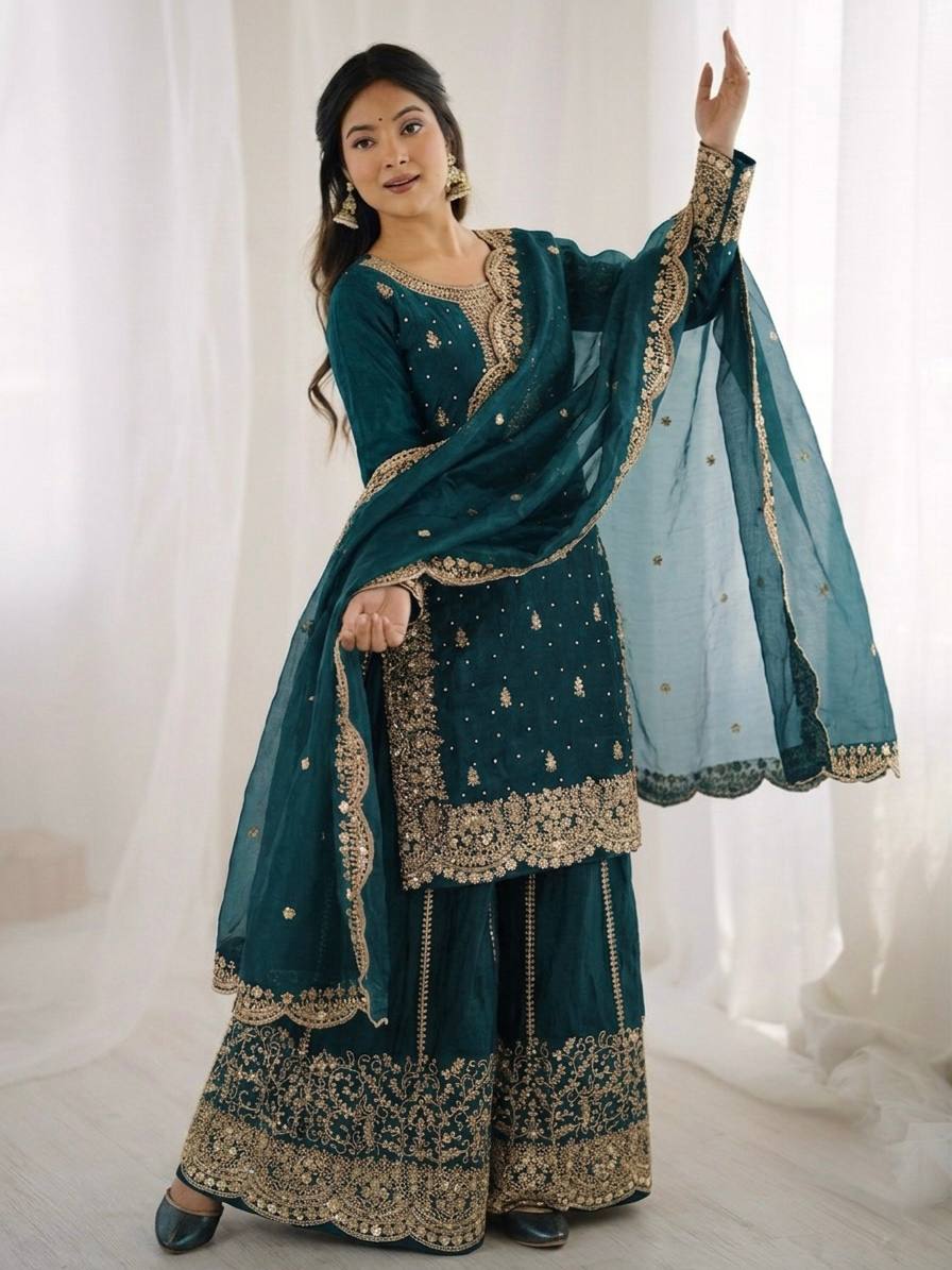 Women's Fendy Silk Embroidered Palazzo Suit Set with Lace Border Dupatta