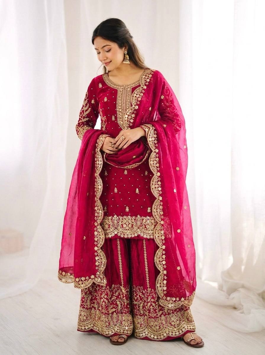 Women's Fendy Silk Embroidered Palazzo Suit Set with Lace Border Dupatta