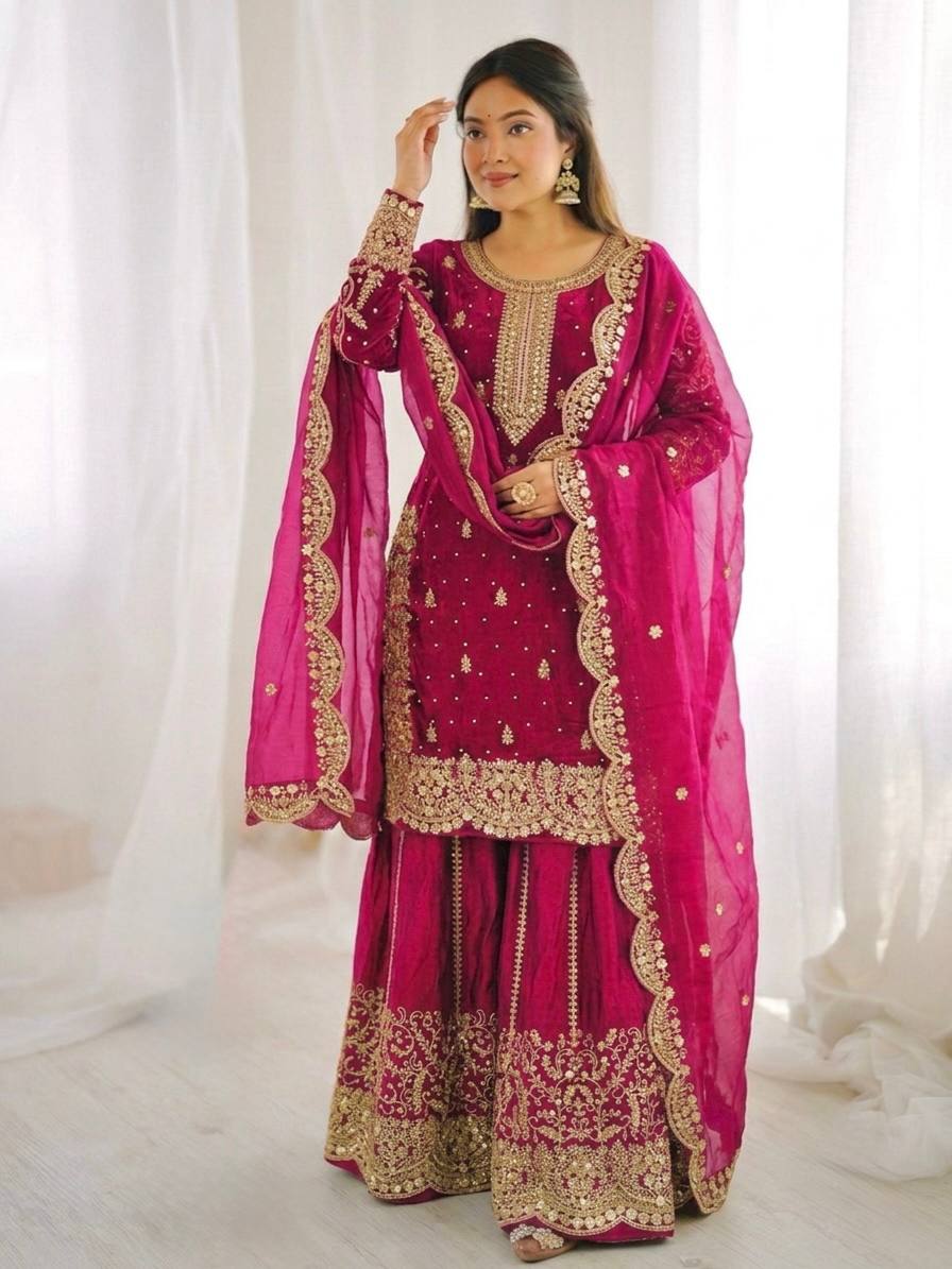 Women's Fendy Silk Embroidered Palazzo Suit Set with Lace Border Dupatta
