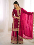 Women's Fendy Silk Embroidered Palazzo Suit Set with Lace Border Dupatta