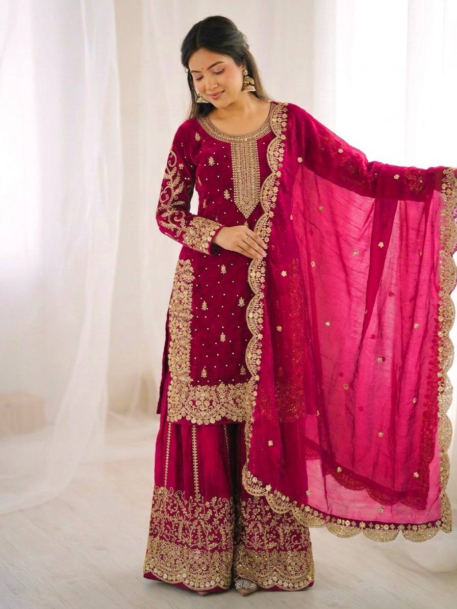 Women's Fendy Silk Embroidered Palazzo Suit Set with Lace Border Dupatta
