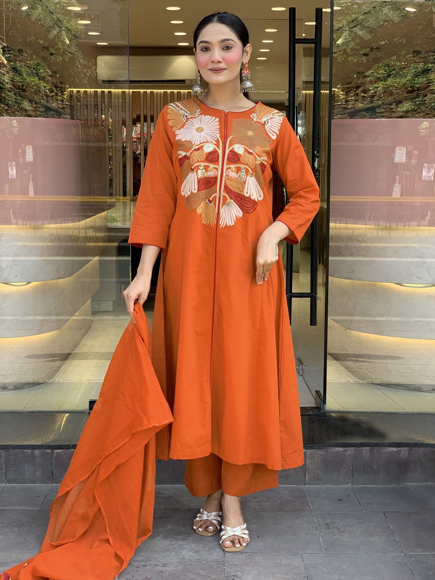 Women's Orange Tesla Embroidered Anarkali Palazzo Set with Chanderi Dupatta