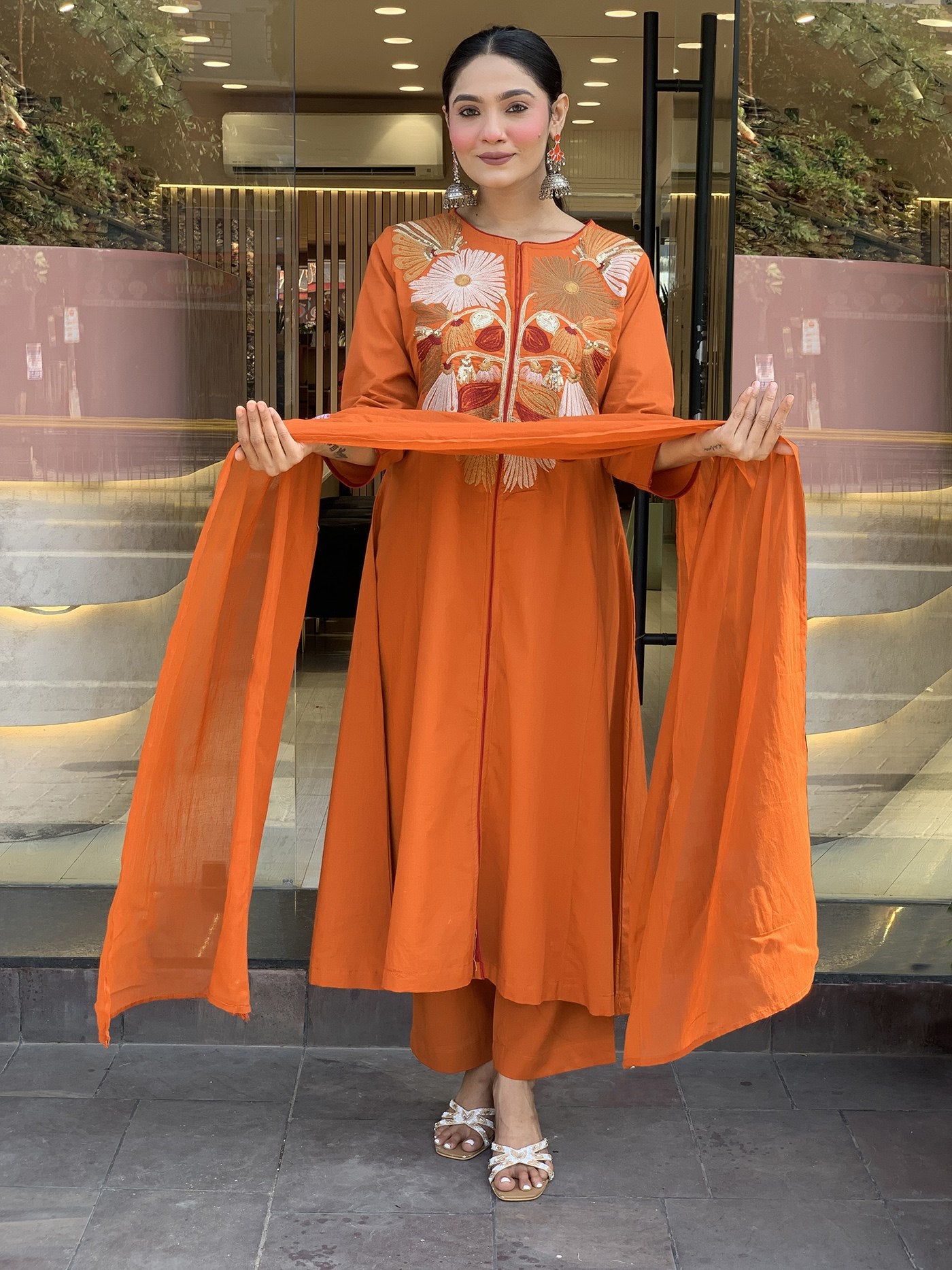 Women's Orange Tesla Embroidered Anarkali Palazzo Set with Chanderi Dupatta