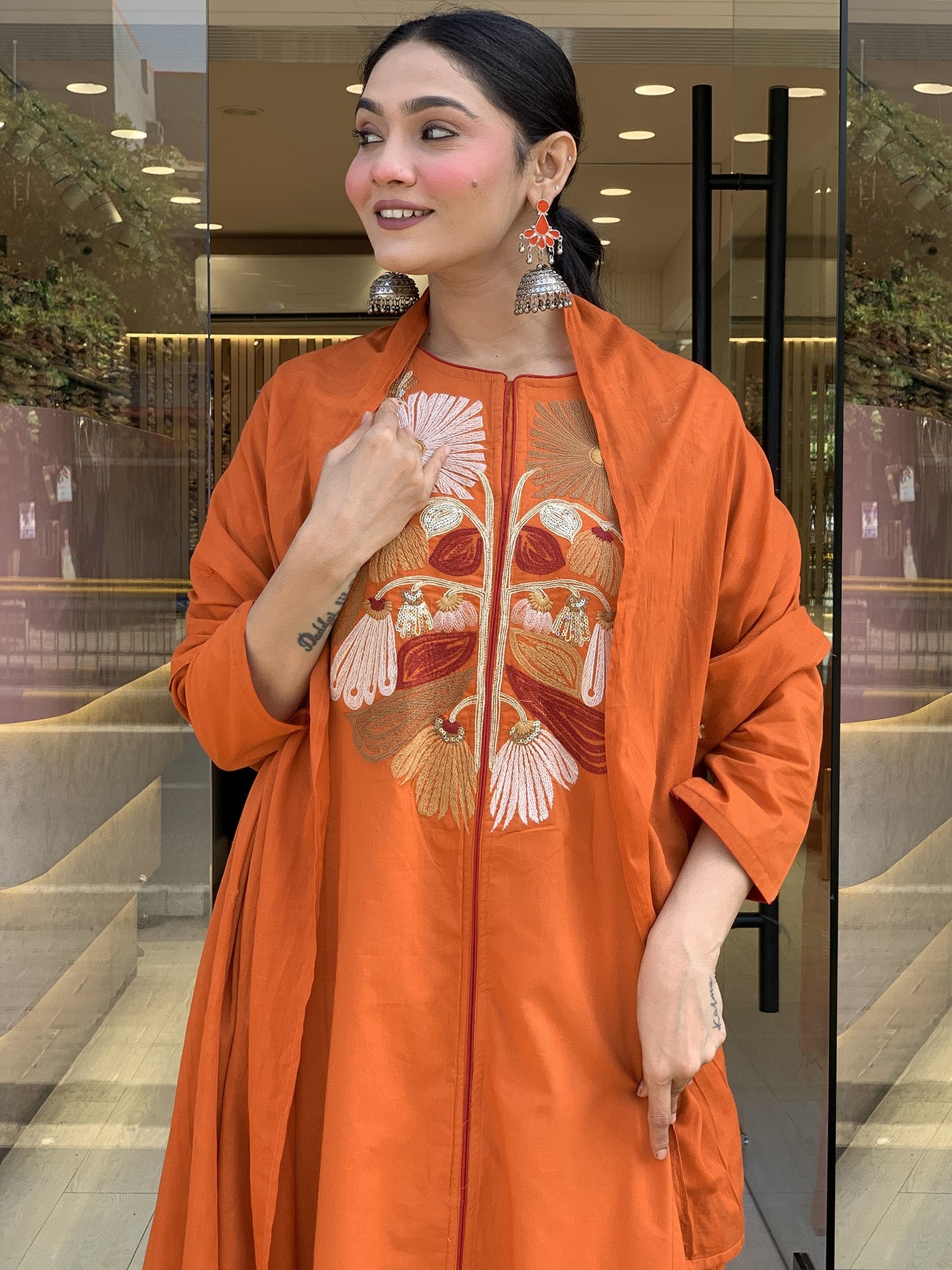 Women's Orange Tesla Embroidered Anarkali Palazzo Set with Chanderi Dupatta