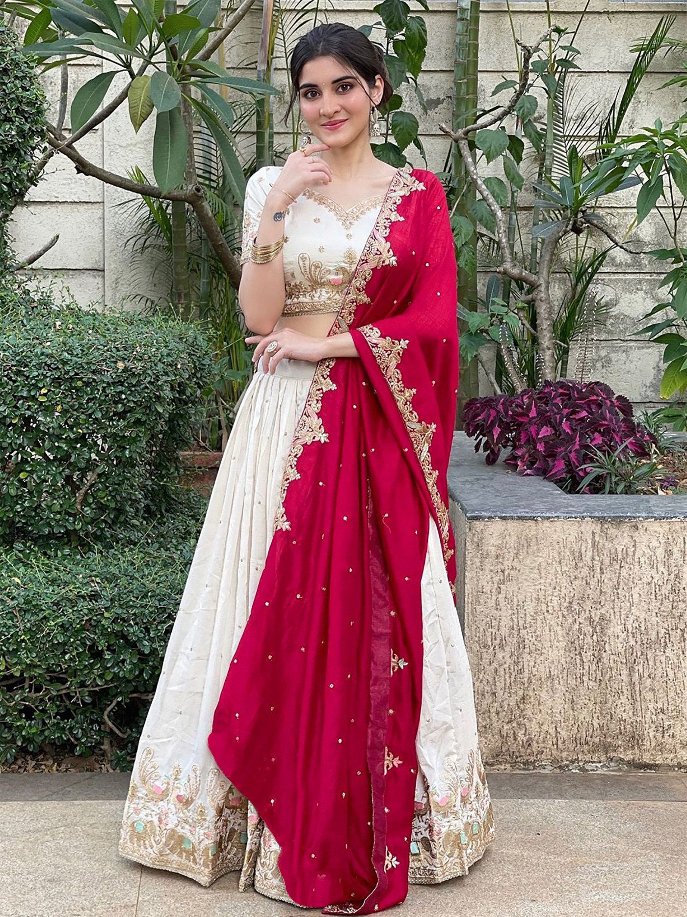 Women's White Chinon Embroidered Semi-Stitched Lehenga Choli with Chinon Dupatta
