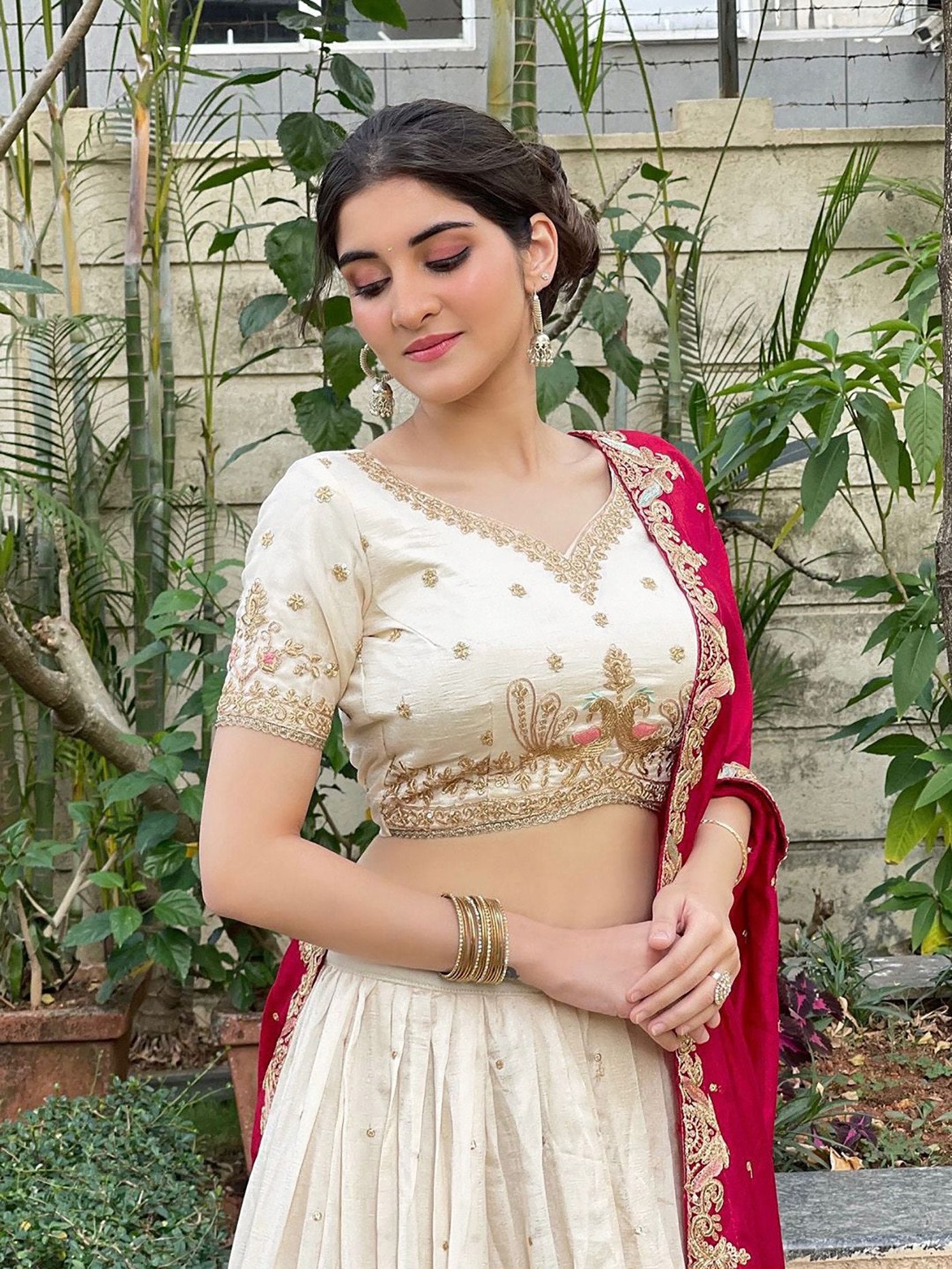 Women's White Chinon Embroidered Semi-Stitched Lehenga Choli with Chinon Dupatta