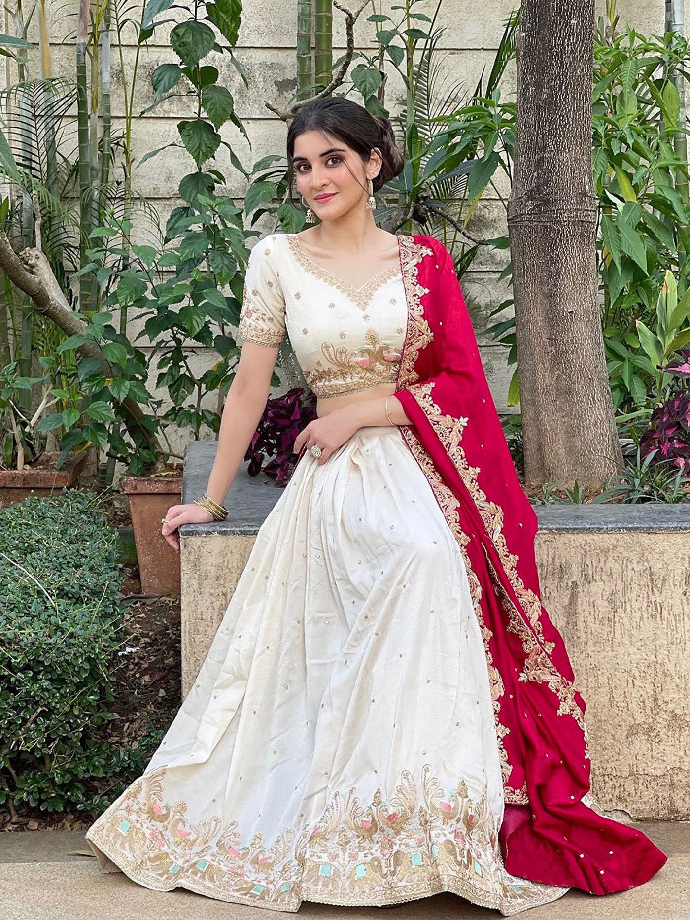 Women's White Chinon Embroidered Semi-Stitched Lehenga Choli with Chinon Dupatta