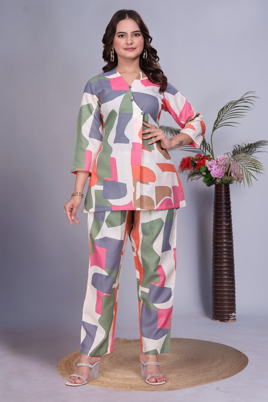 Digital Printed Magic Slub Co-Ord Set with V Neck