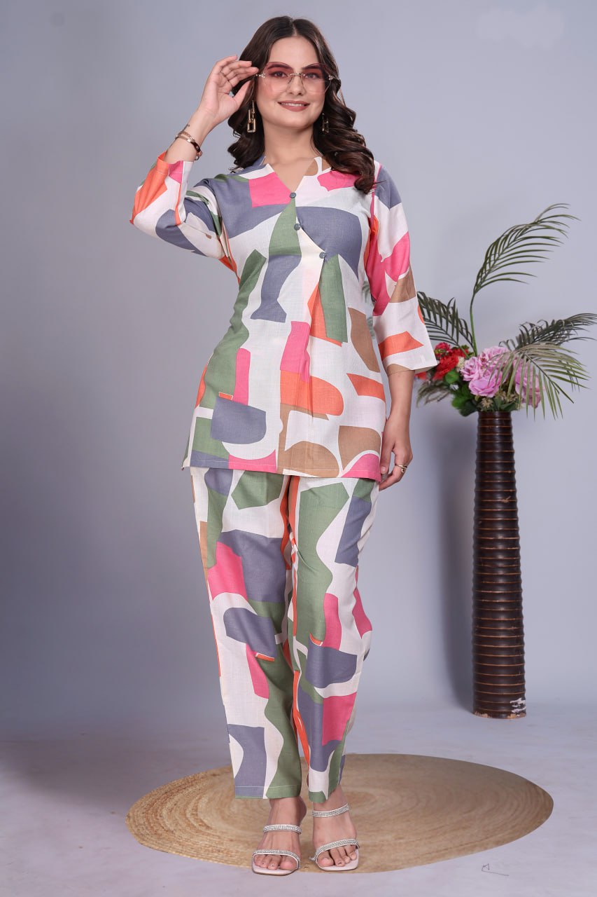 Digital Printed Magic Slub Co-Ord Set with V Neck