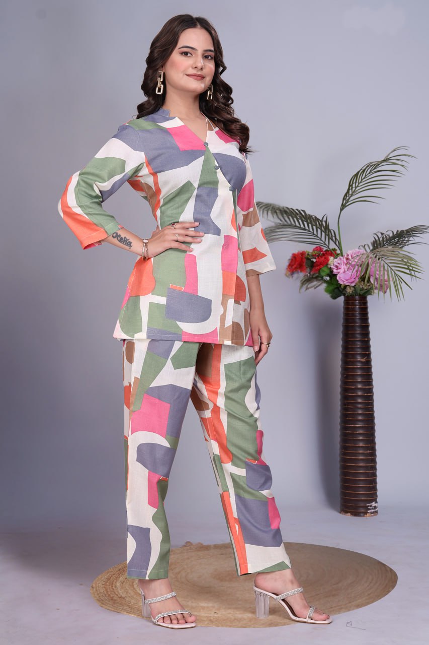 Digital Printed Magic Slub Co-Ord Set with V Neck