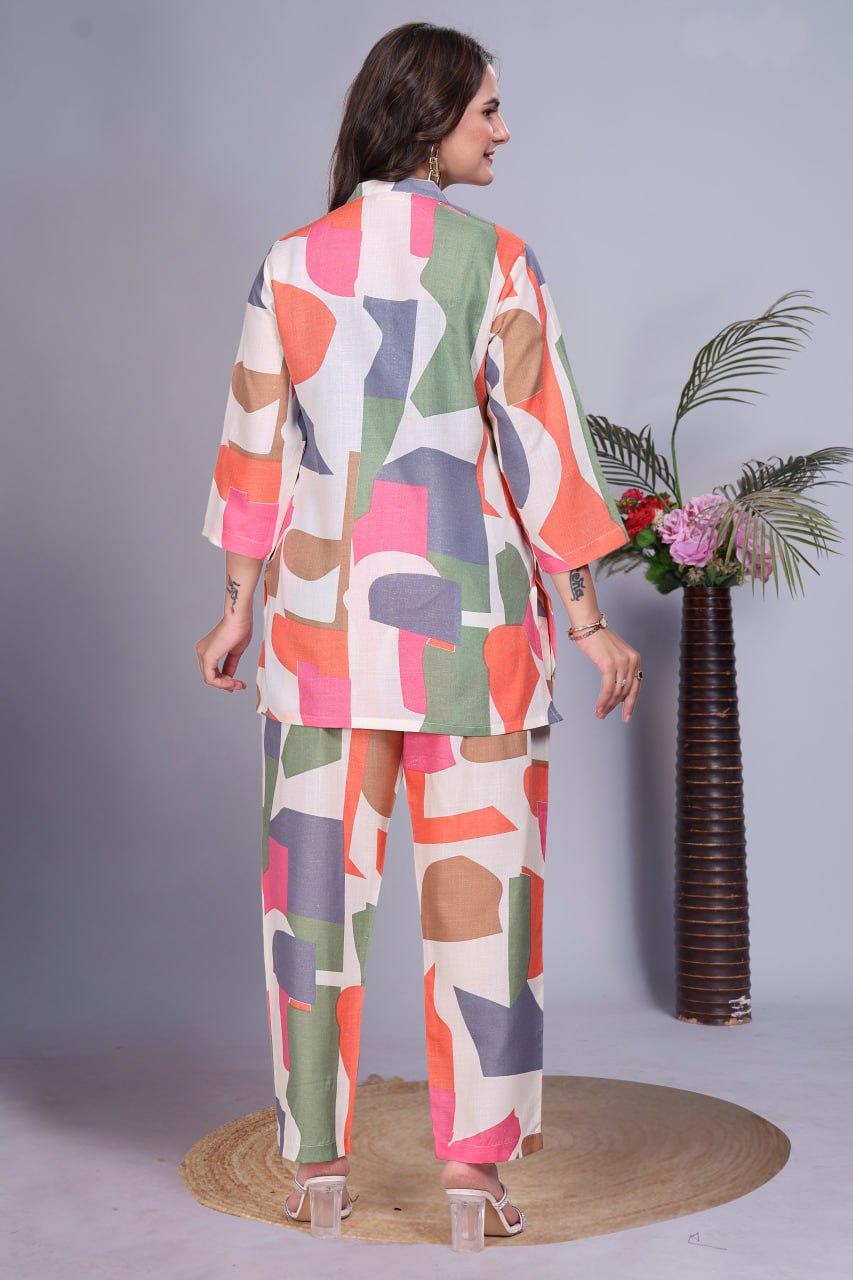 Digital Printed Magic Slub Co-Ord Set with V Neck