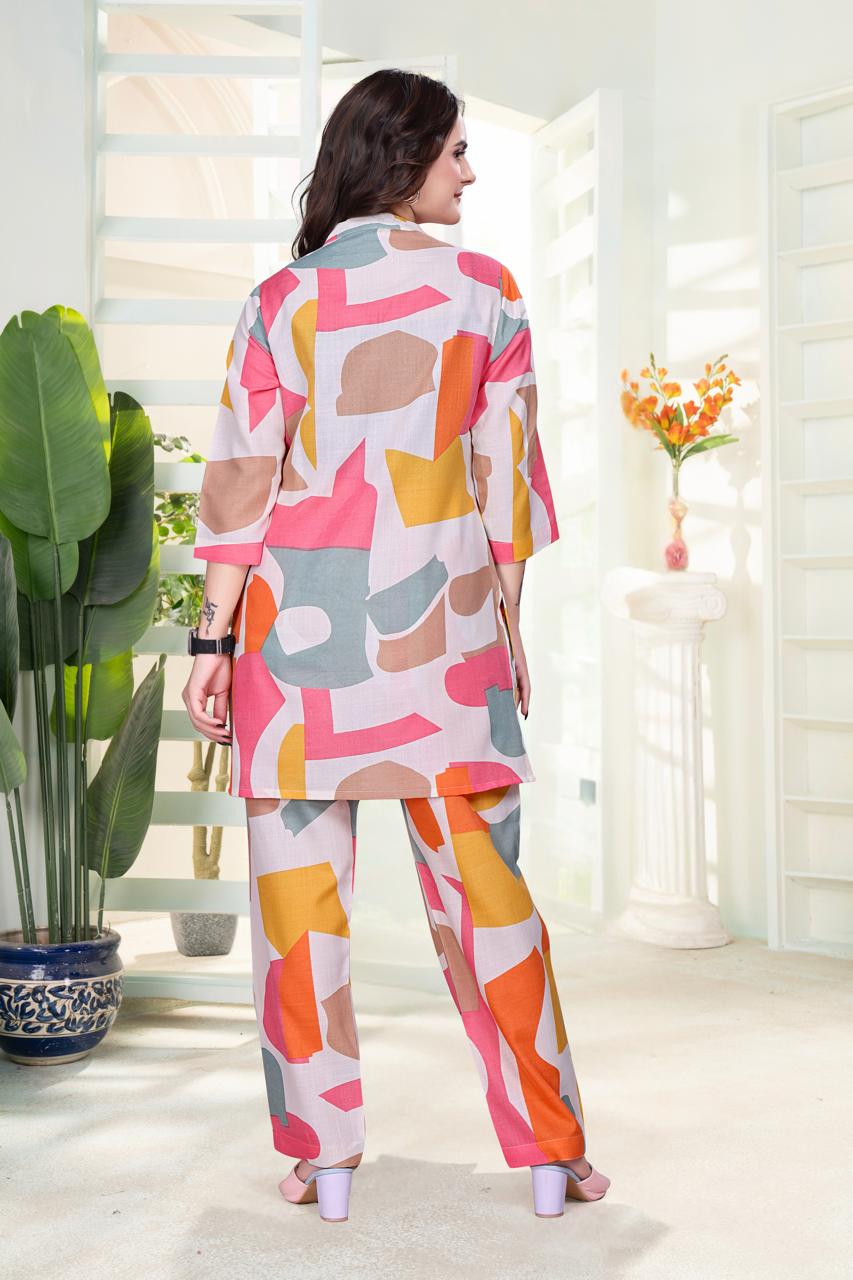 Digital Printed Magic Slub Co-Ord Set with V Neck