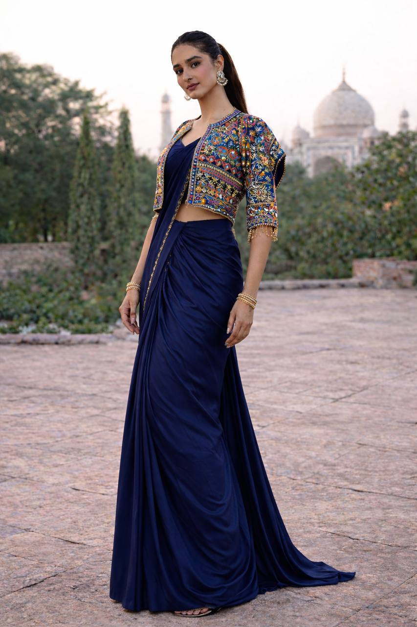 Women's Heavy Crepe Silk Ready-to-Wear Saree with Embroidered Koti and Belt