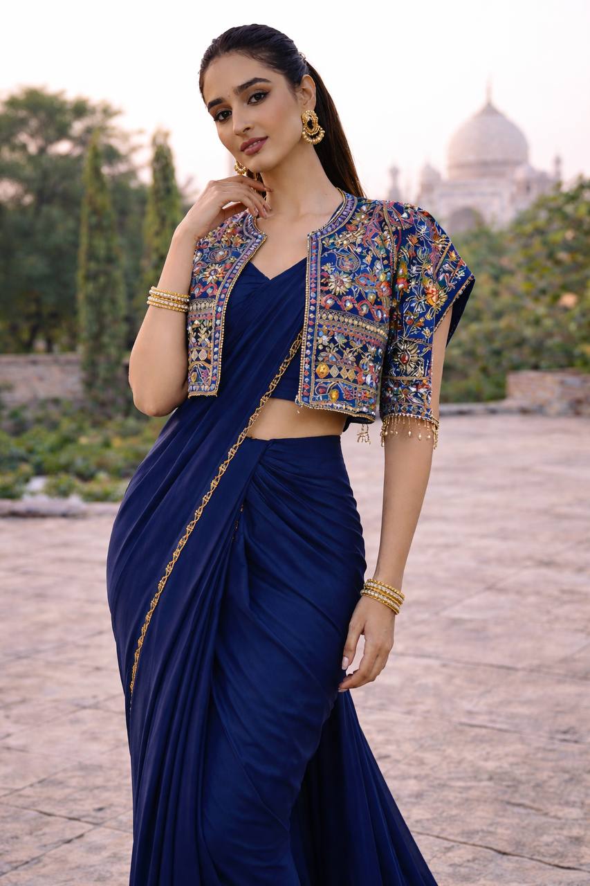 Women's Heavy Crepe Silk Ready-to-Wear Saree with Embroidered Koti and Belt