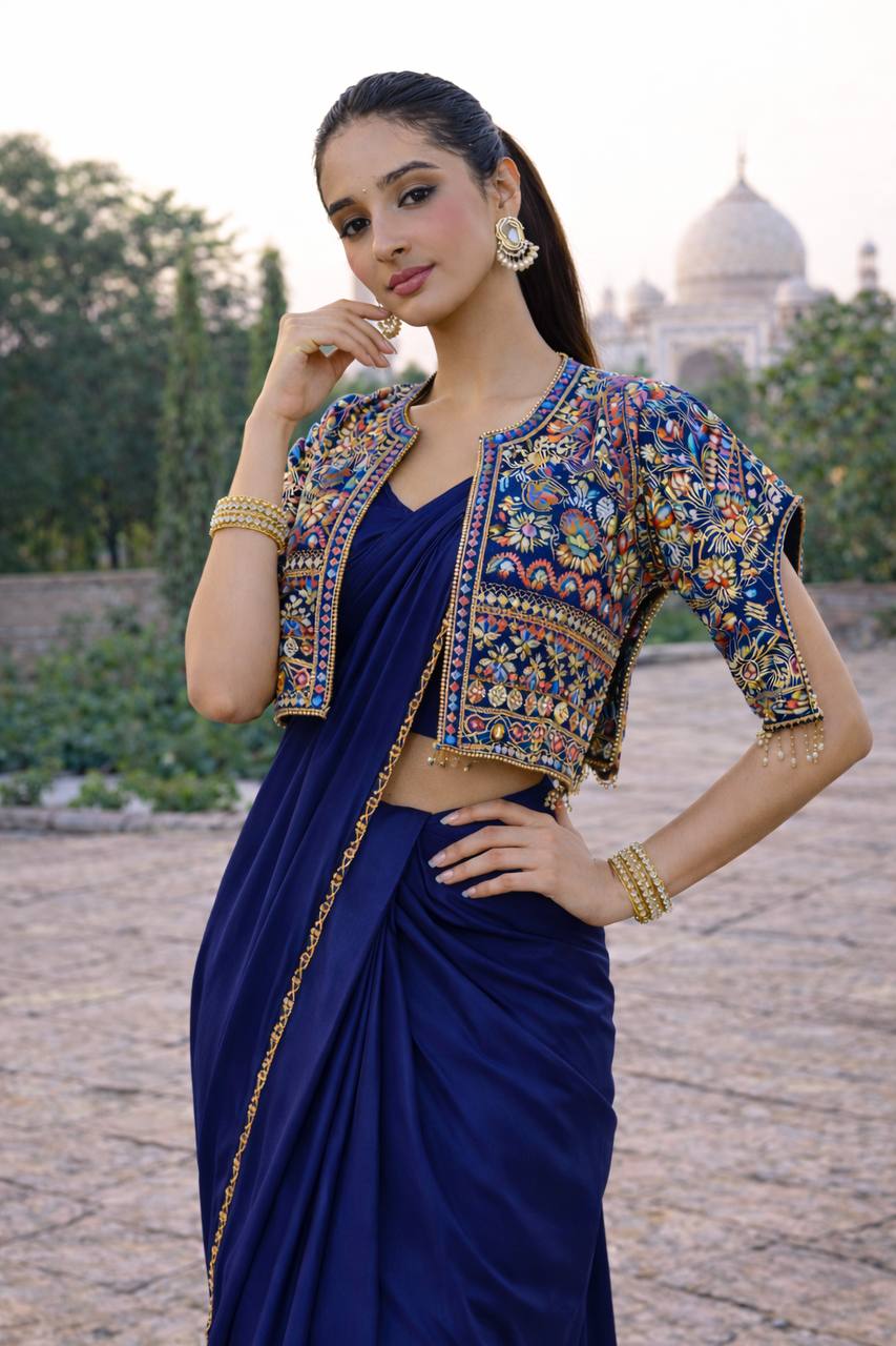 Women's Heavy Crepe Silk Ready-to-Wear Saree with Embroidered Koti and Belt