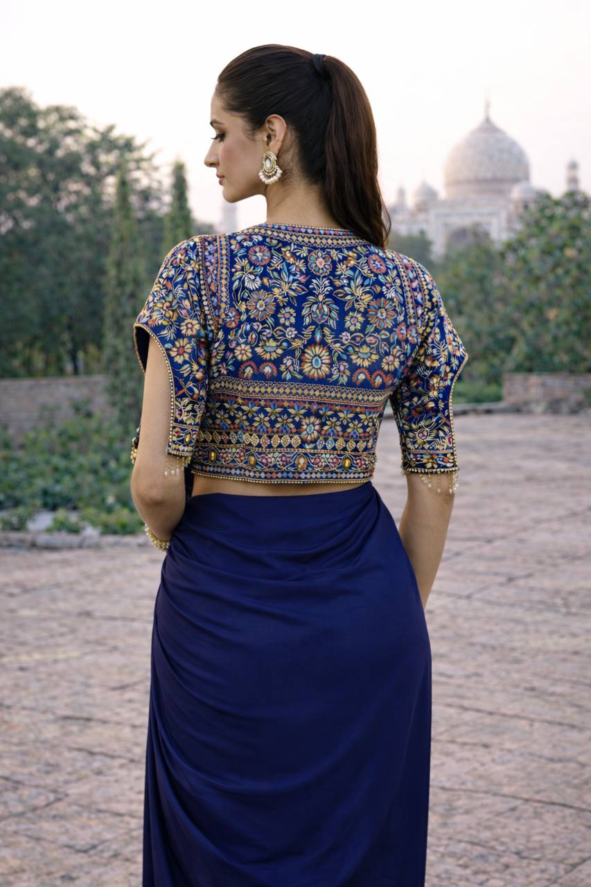 Women's Heavy Crepe Silk Ready-to-Wear Saree with Embroidered Koti and Belt