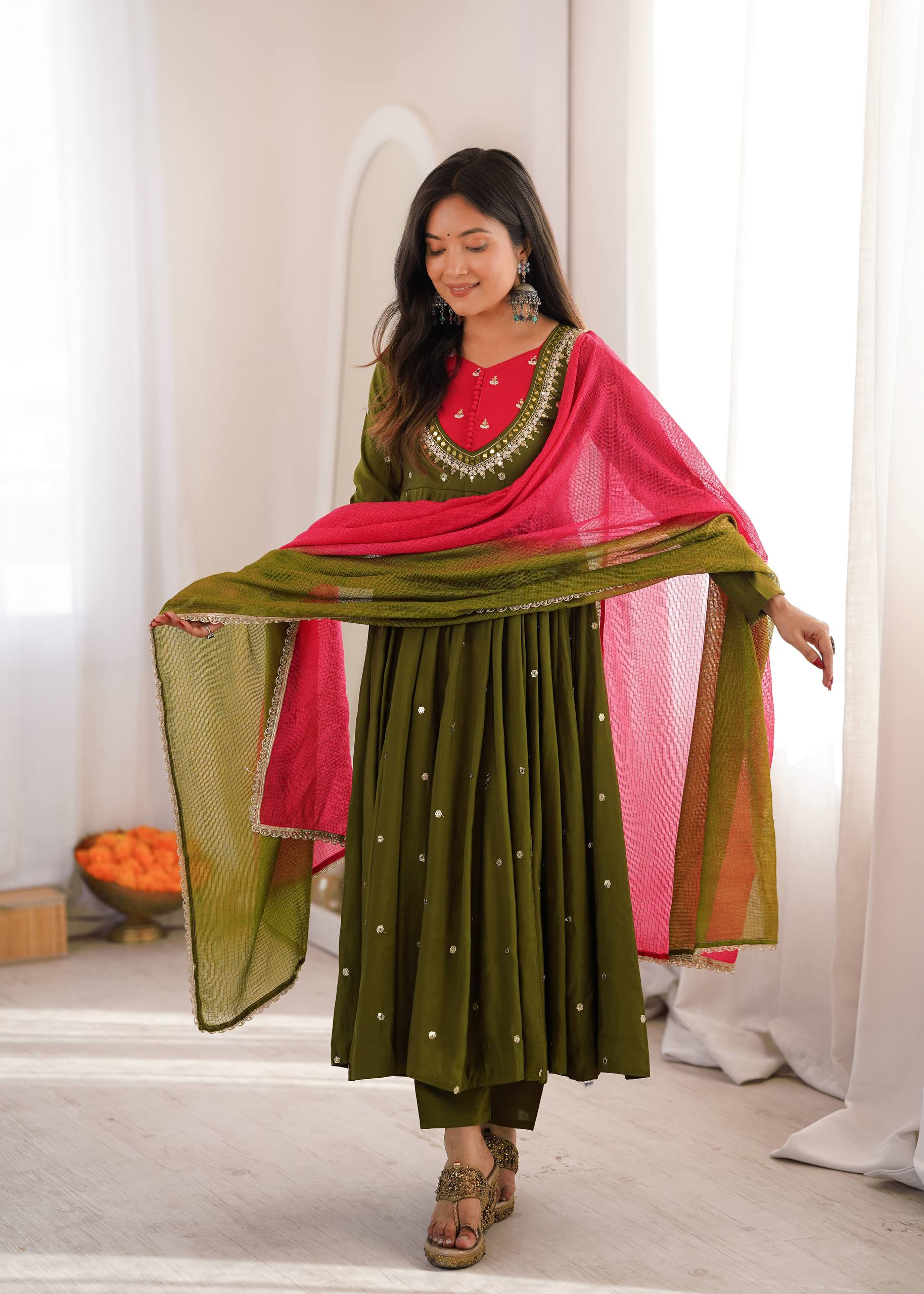 Roman Silk Embroidered Anarkali Gown with Real Mirror Work Three Piece Set
