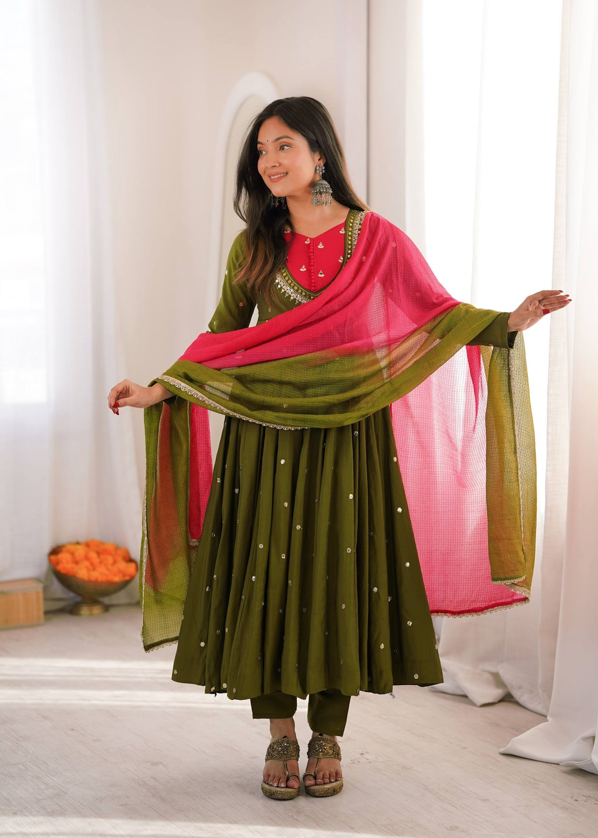 Roman Silk Embroidered Anarkali Gown with Real Mirror Work Three Piece Set