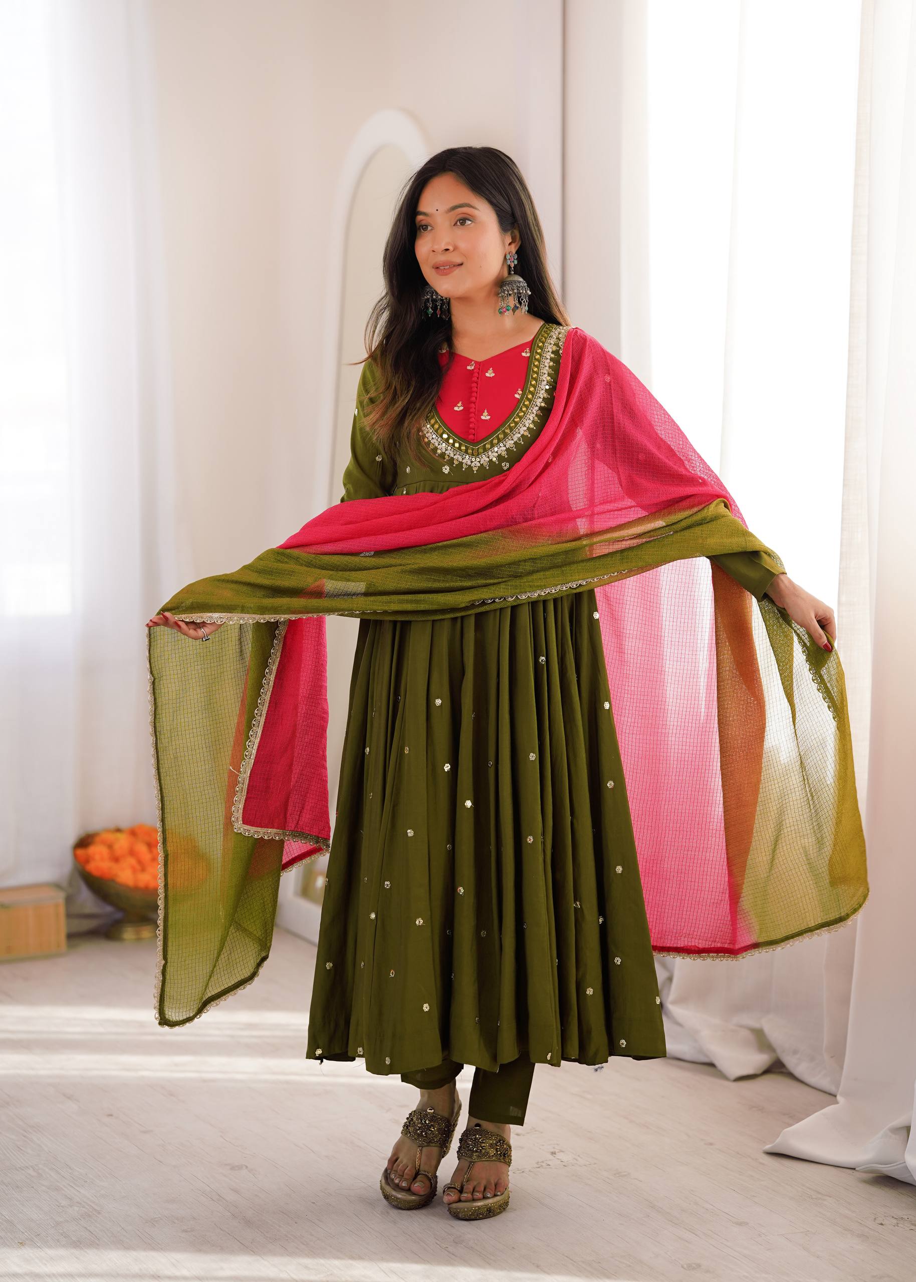 Roman Silk Embroidered Anarkali Gown with Real Mirror Work Three Piece Set