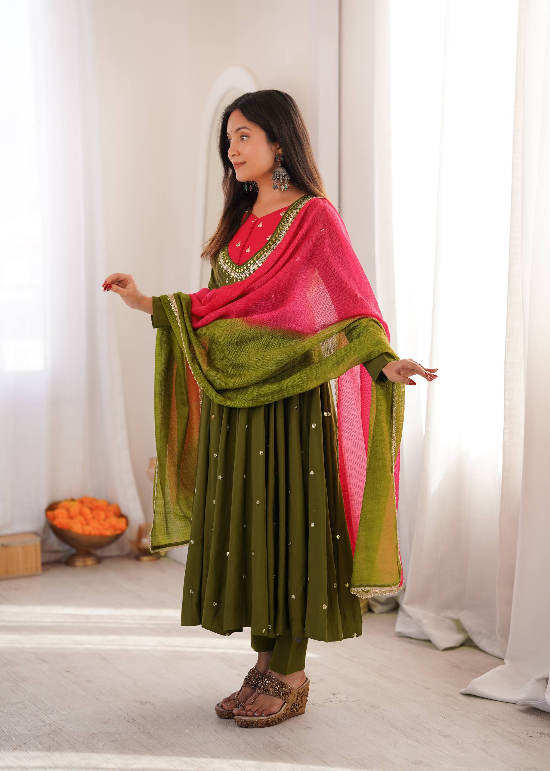 Roman Silk Embroidered Anarkali Gown with Real Mirror Work Three Piece Set
