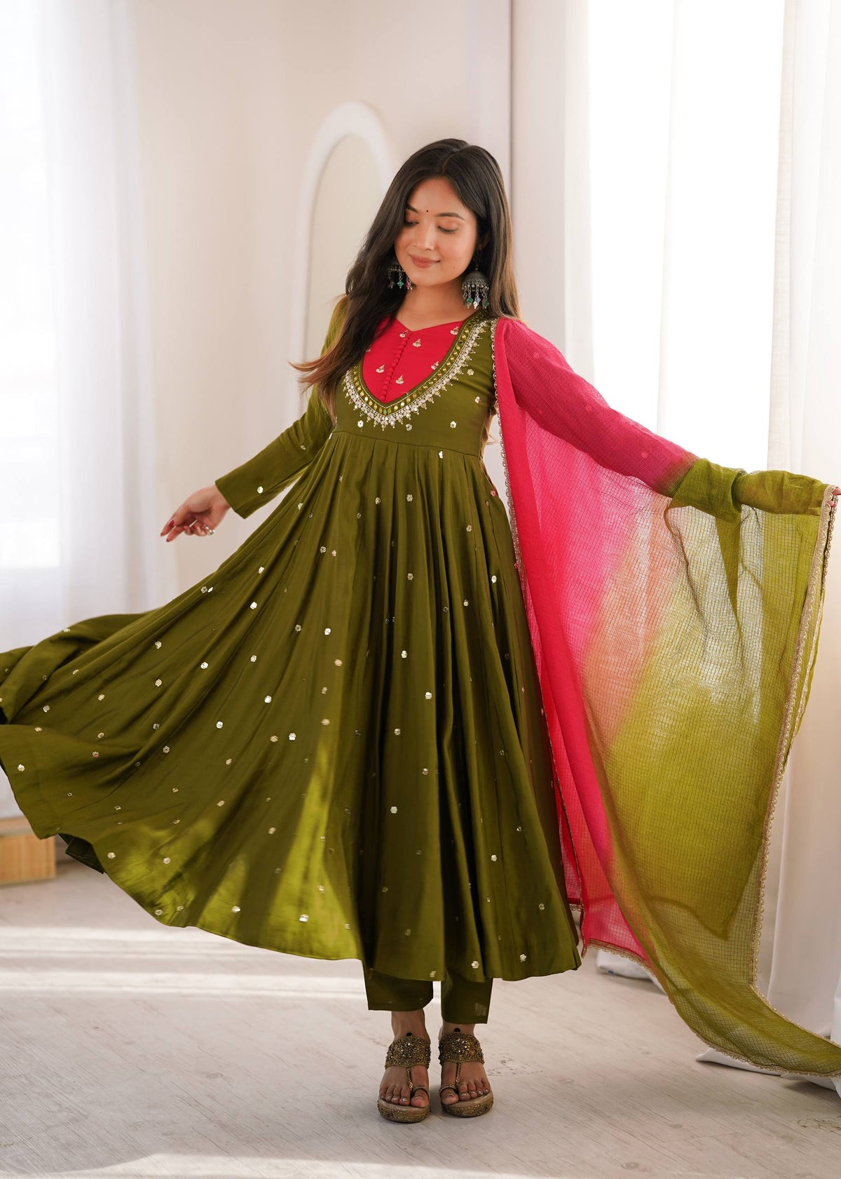 Roman Silk Embroidered Anarkali Gown with Real Mirror Work Three Piece Set