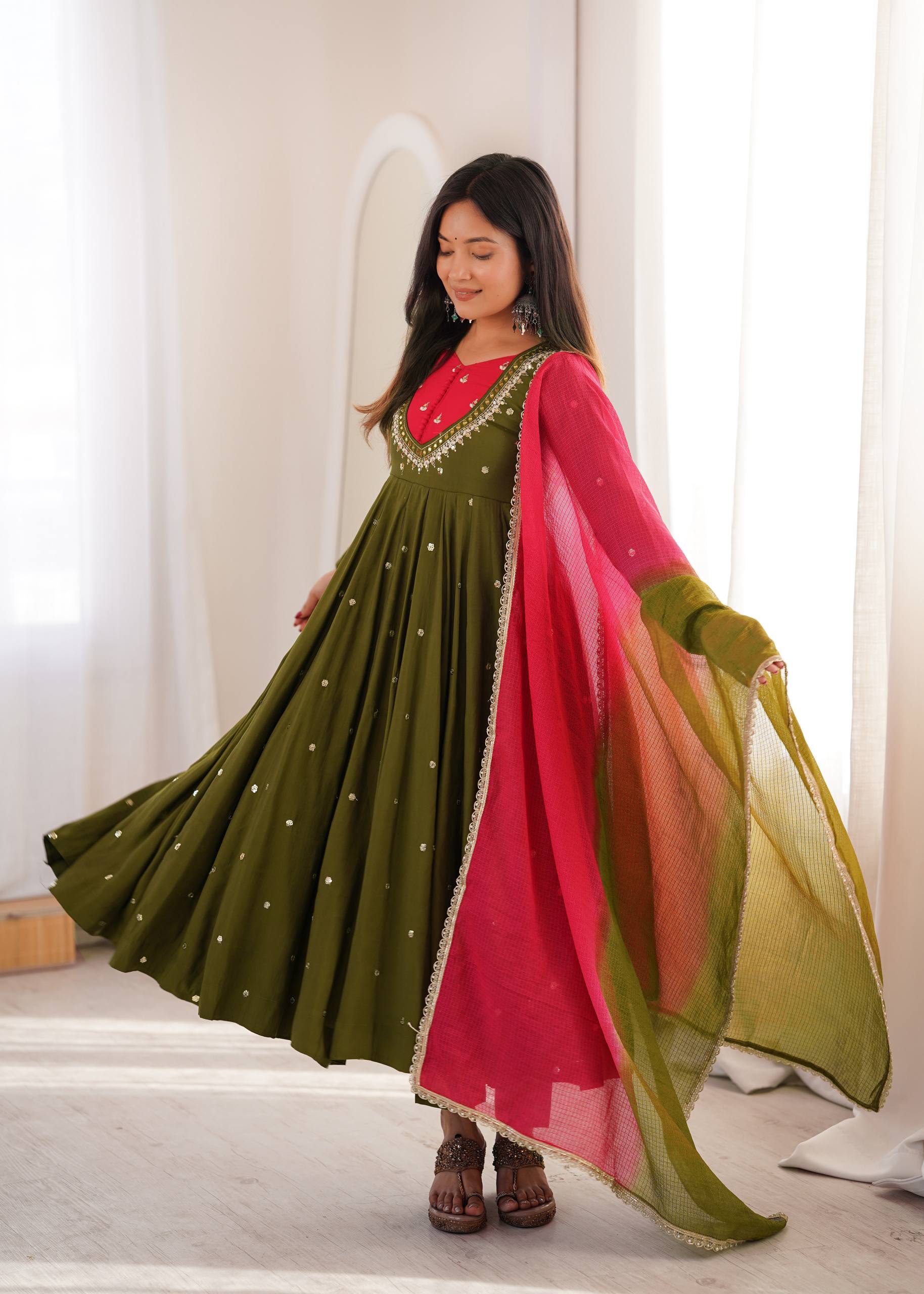 Roman Silk Embroidered Anarkali Gown with Real Mirror Work Three Piece Set