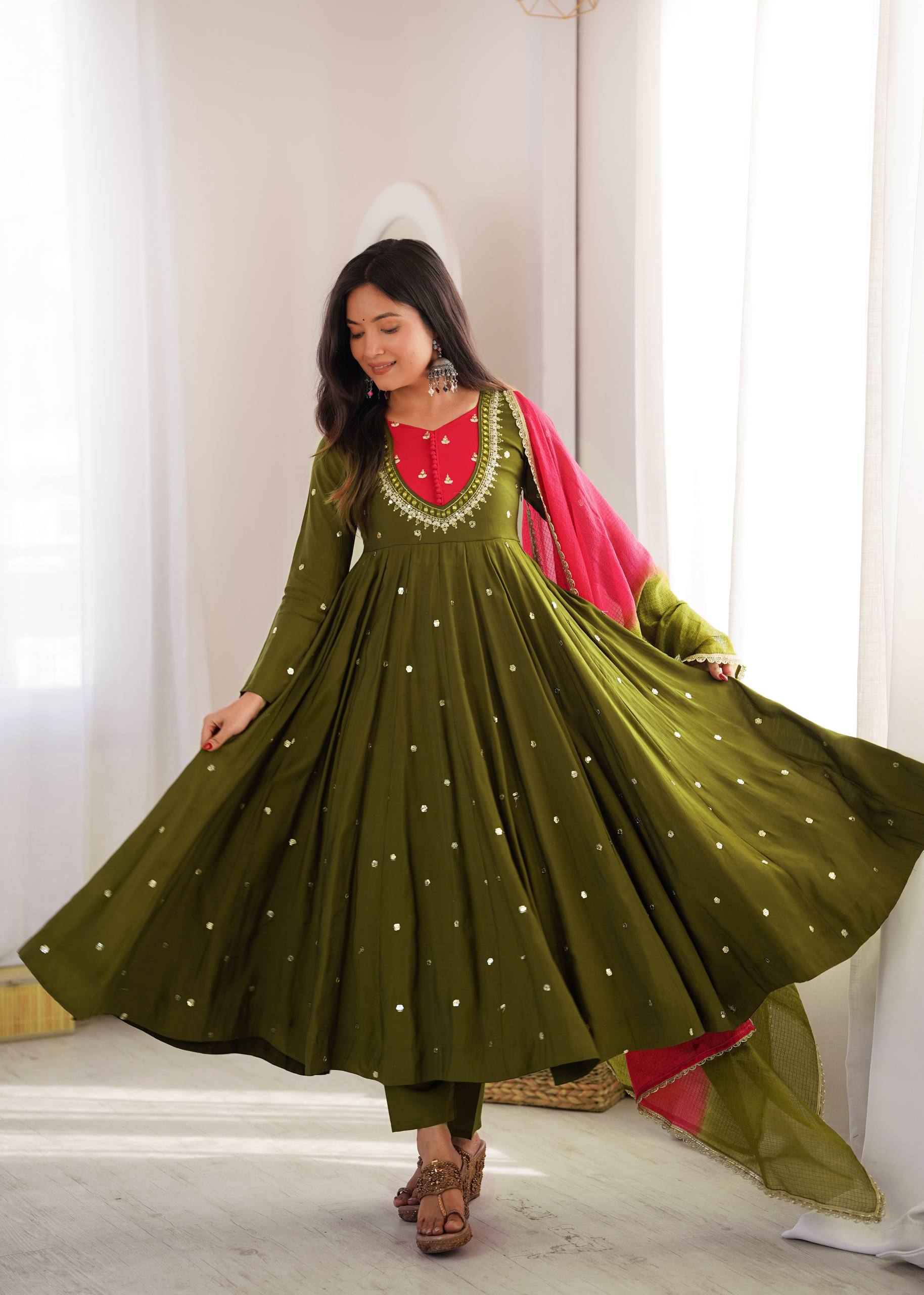 Roman Silk Embroidered Anarkali Gown with Real Mirror Work Three Piece Set