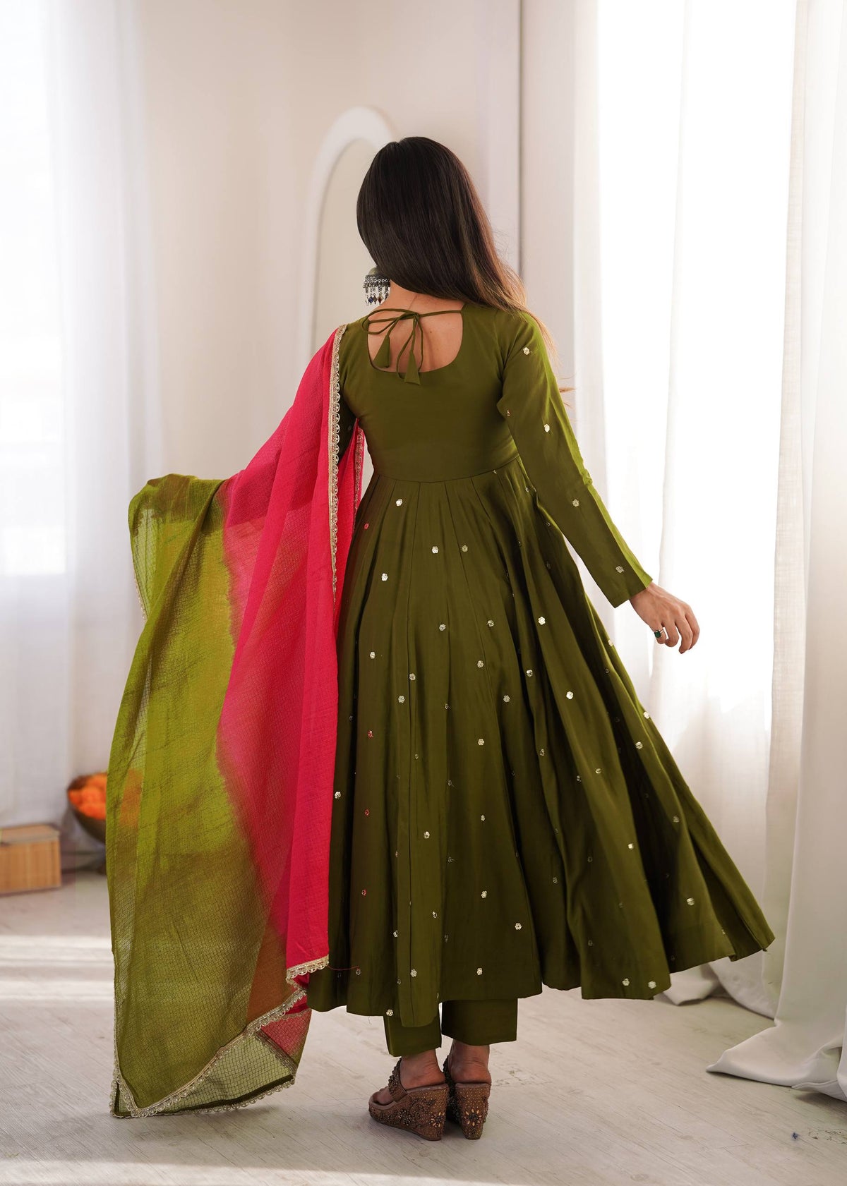 Roman Silk Embroidered Anarkali Gown with Real Mirror Work Three Piece Set