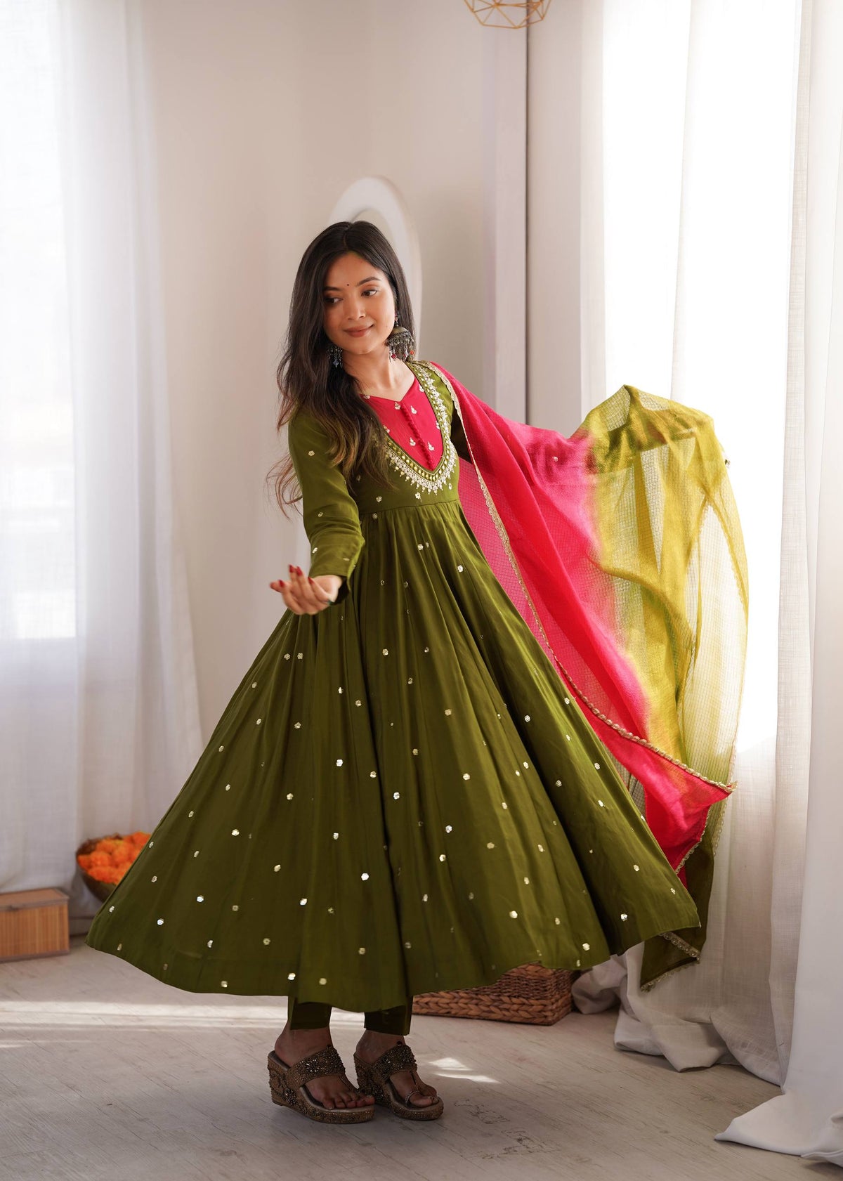 Roman Silk Embroidered Anarkali Gown with Real Mirror Work Three Piece Set