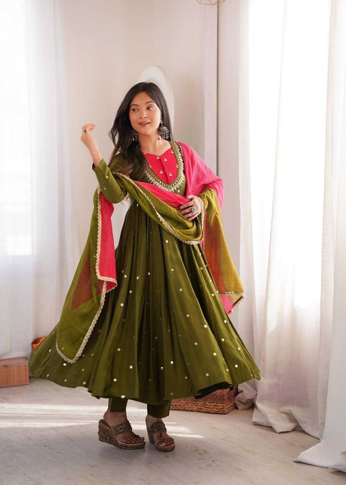 Roman Silk Embroidered Anarkali Gown with Real Mirror Work Three Piece Set