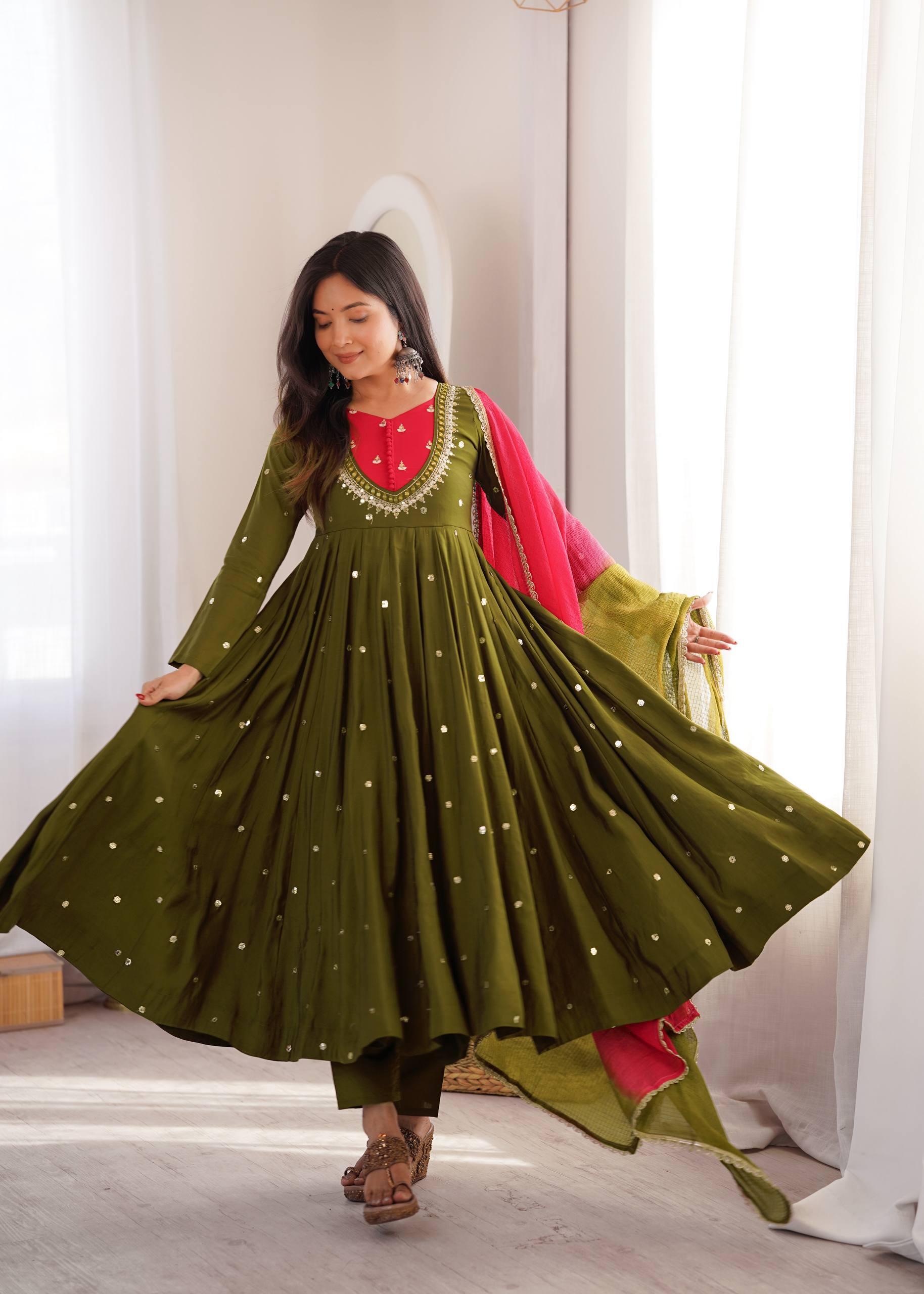 Roman Silk Embroidered Anarkali Gown with Real Mirror Work Three Piece Set