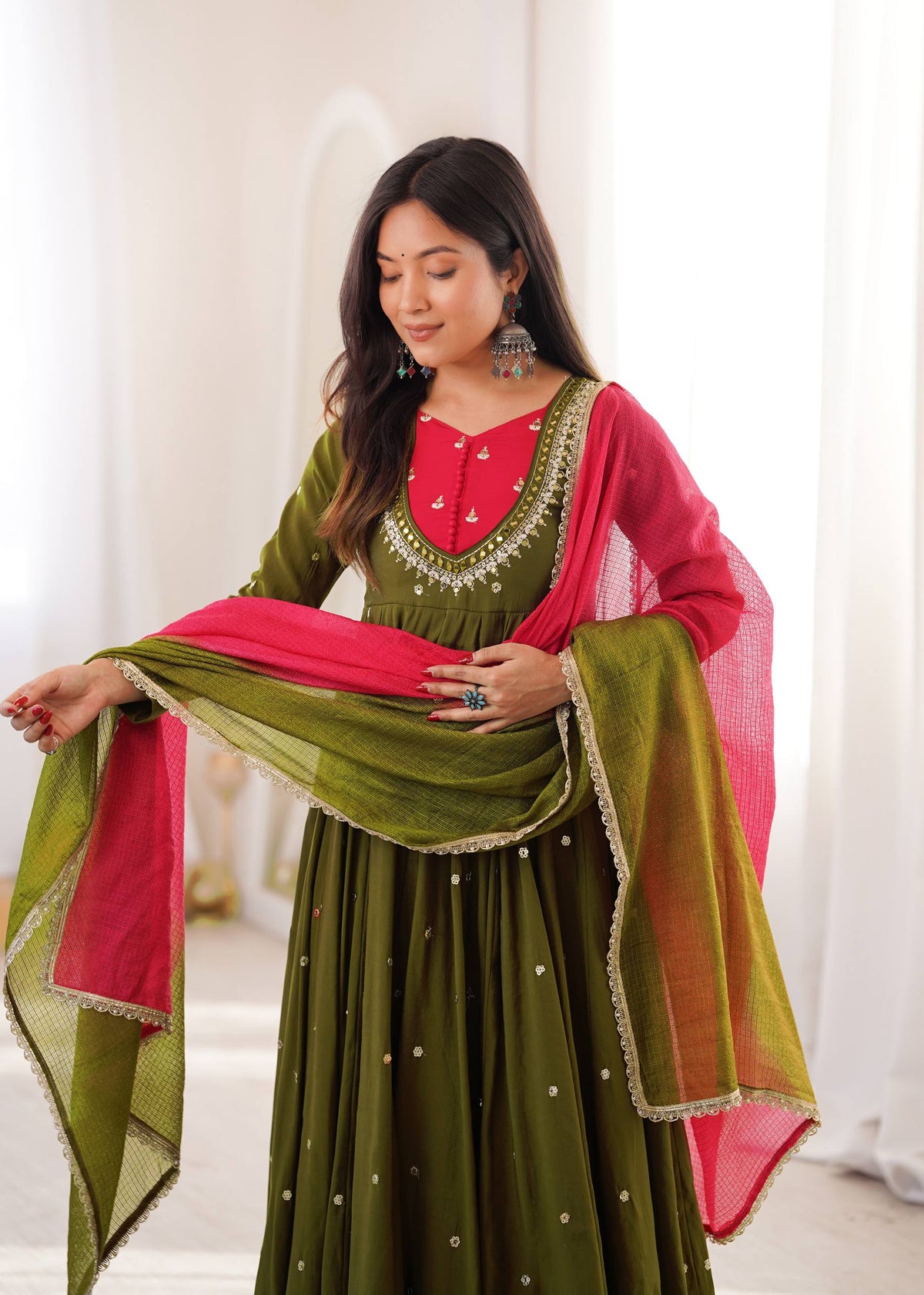 Roman Silk Embroidered Anarkali Gown with Real Mirror Work Three Piece Set