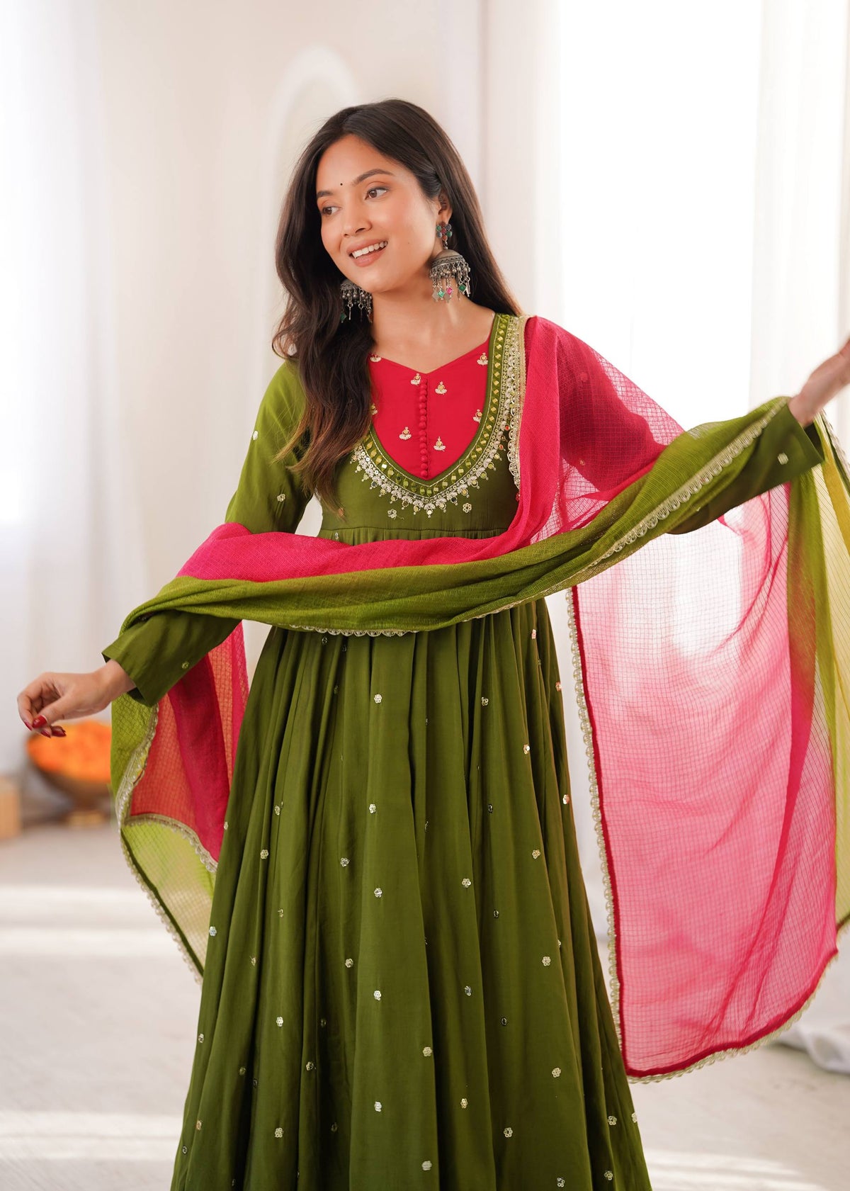 Roman Silk Embroidered Anarkali Gown with Real Mirror Work Three Piece Set