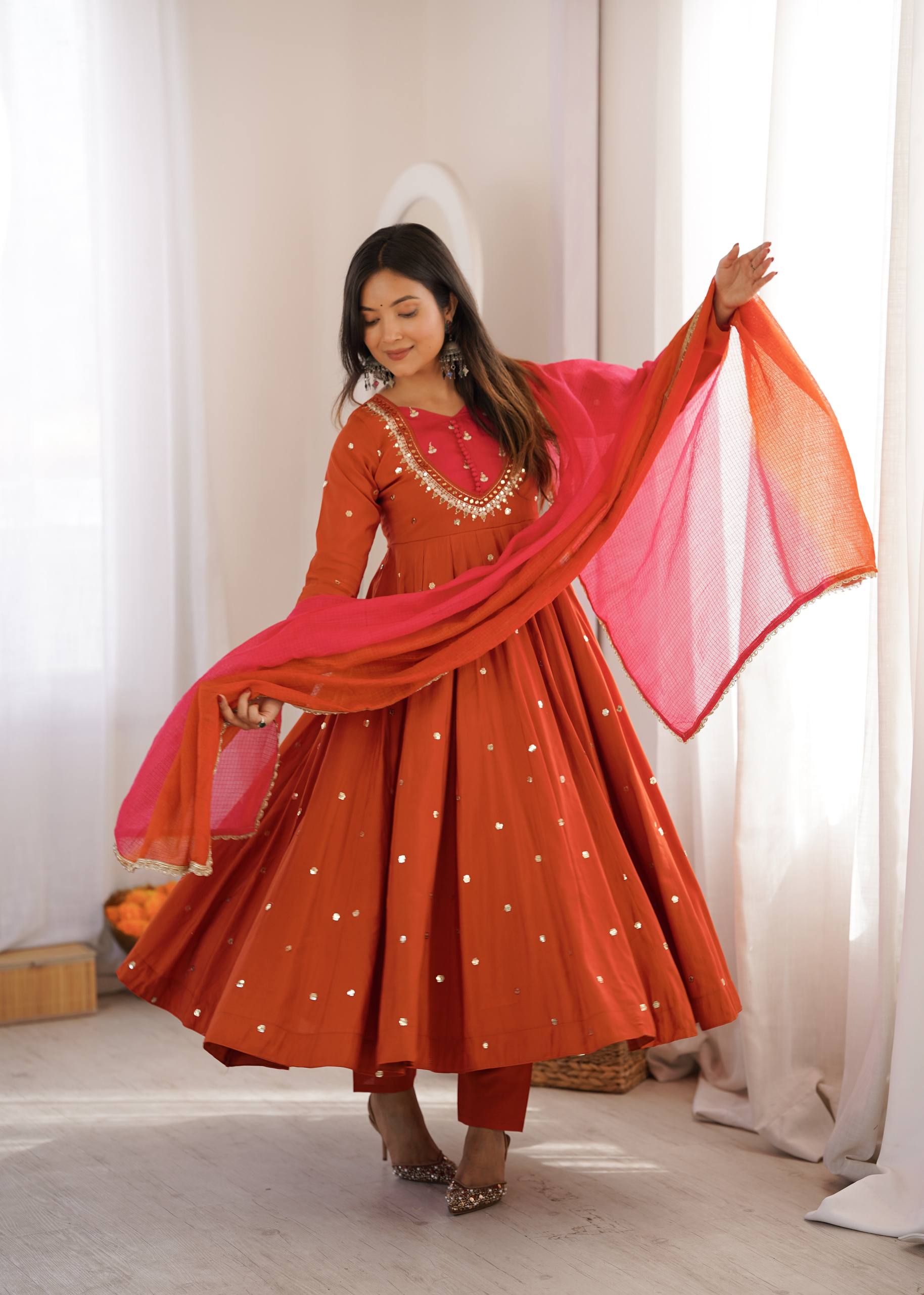 Roman Silk Embroidered Anarkali Gown with Real Mirror Work Three Piece Set