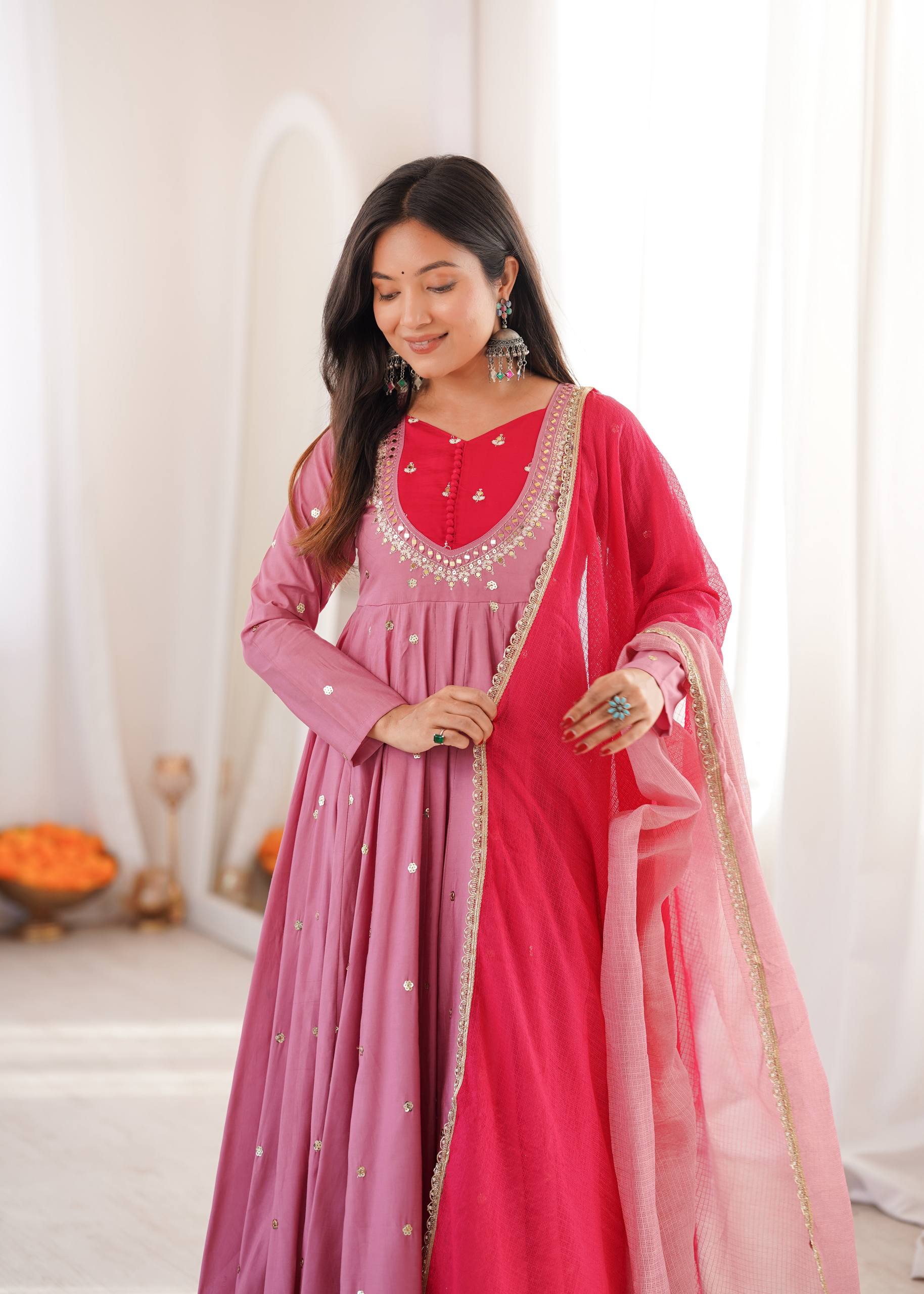 Roman Silk Embroidered Anarkali Gown with Real Mirror Work Three Piece Set
