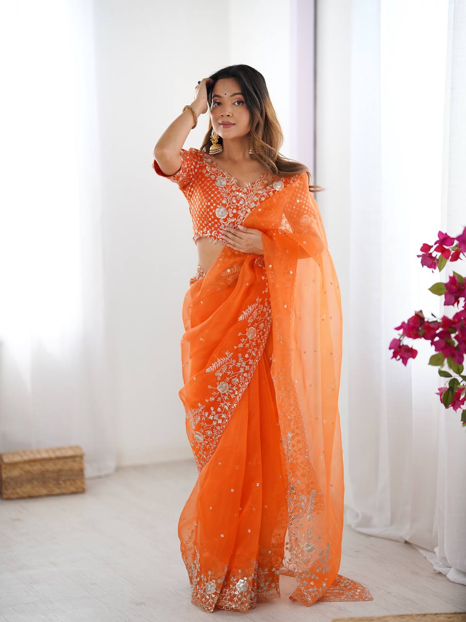 Women's Organza Silk Embroidered Saree with Unstitched Blouse